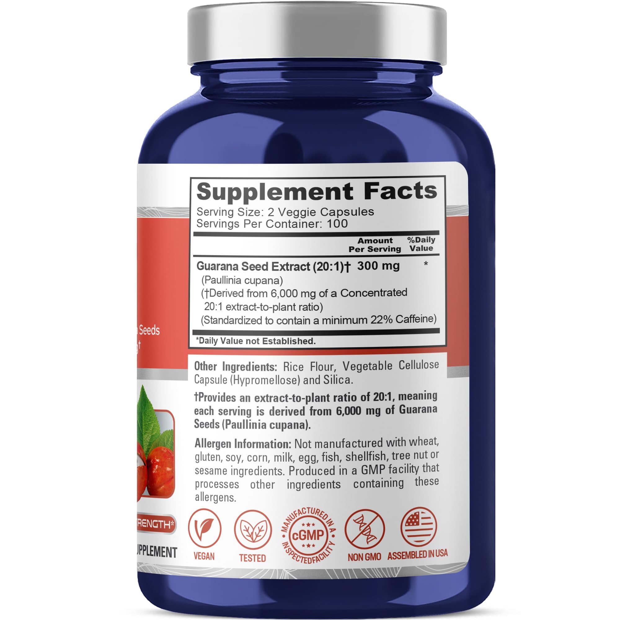 NusaPure Guarana Extract 20:1 Extract, 300 mg Equivalent to 6,000 mg per Veggie Caps 200 Count (Non-GMO, Vegan) NusaPureAu supplements