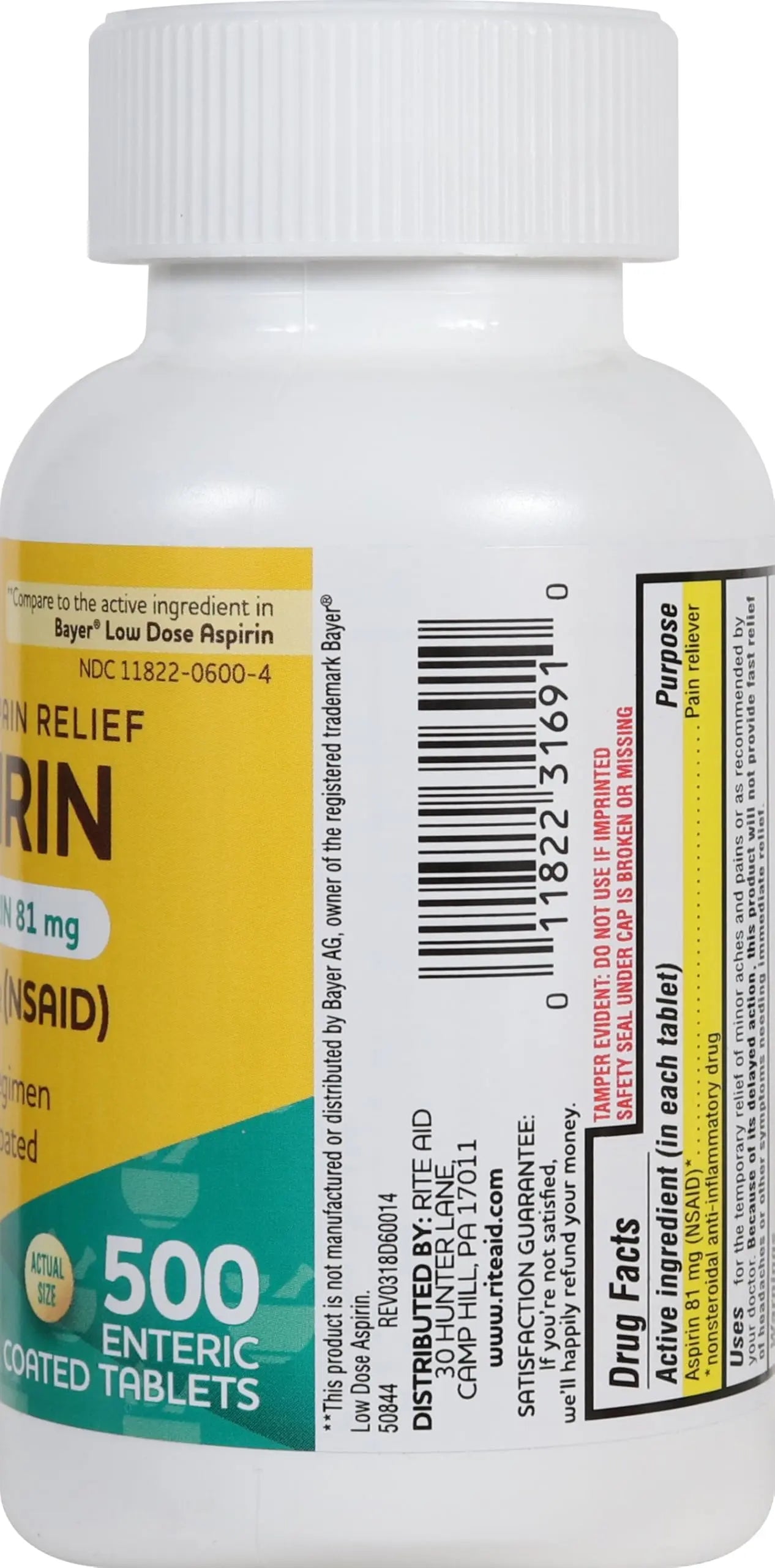 Rite Aid Aspirin Enteric Tablets - 81 mg Aspirin - 500 Count - Low-Dose for Headache Relief - Safety Coated - Aspirin Regimen - Migraine Medicine - Pain Relief Rite AidAu supplements