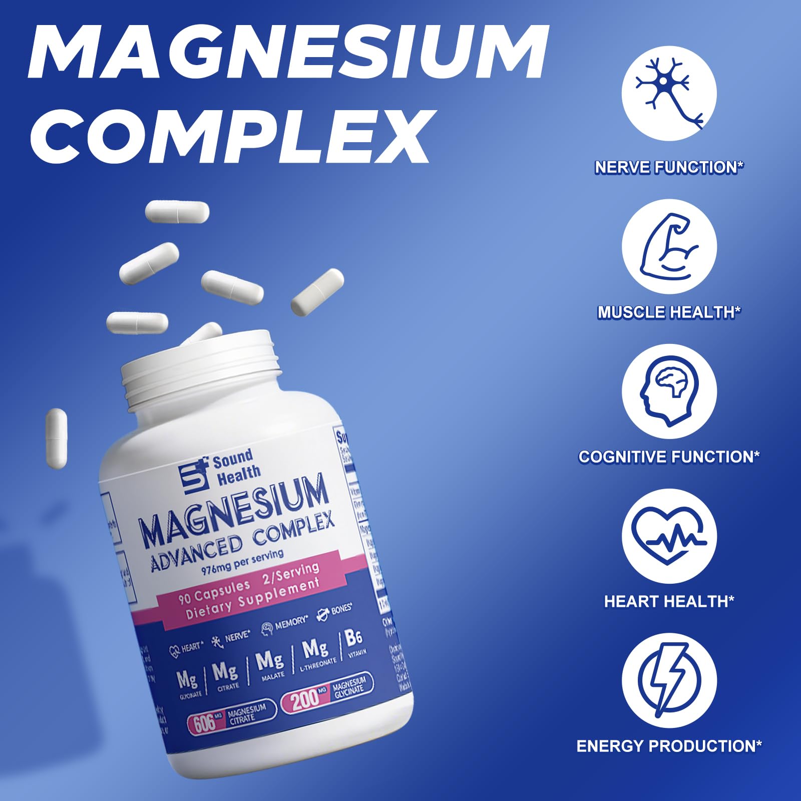 Magnesium Complex Capsule 5 in 1 Magnesium Supplement from Magnesium Glycinate, Citrate, Malate, L-Threonate & Vitamin B6, High Absorption Magnesium Supplement, Non-GMO, Vegan Sound Health PlusAu supplements