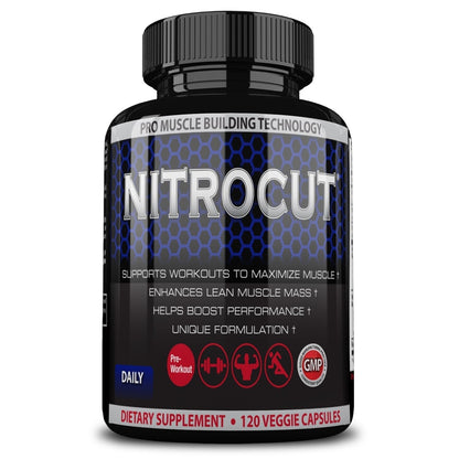NITROCUT Pre Workout Supplement -120 Capsules - Nitric Oxide Supplements - l arginine NITROCUTUS supplements