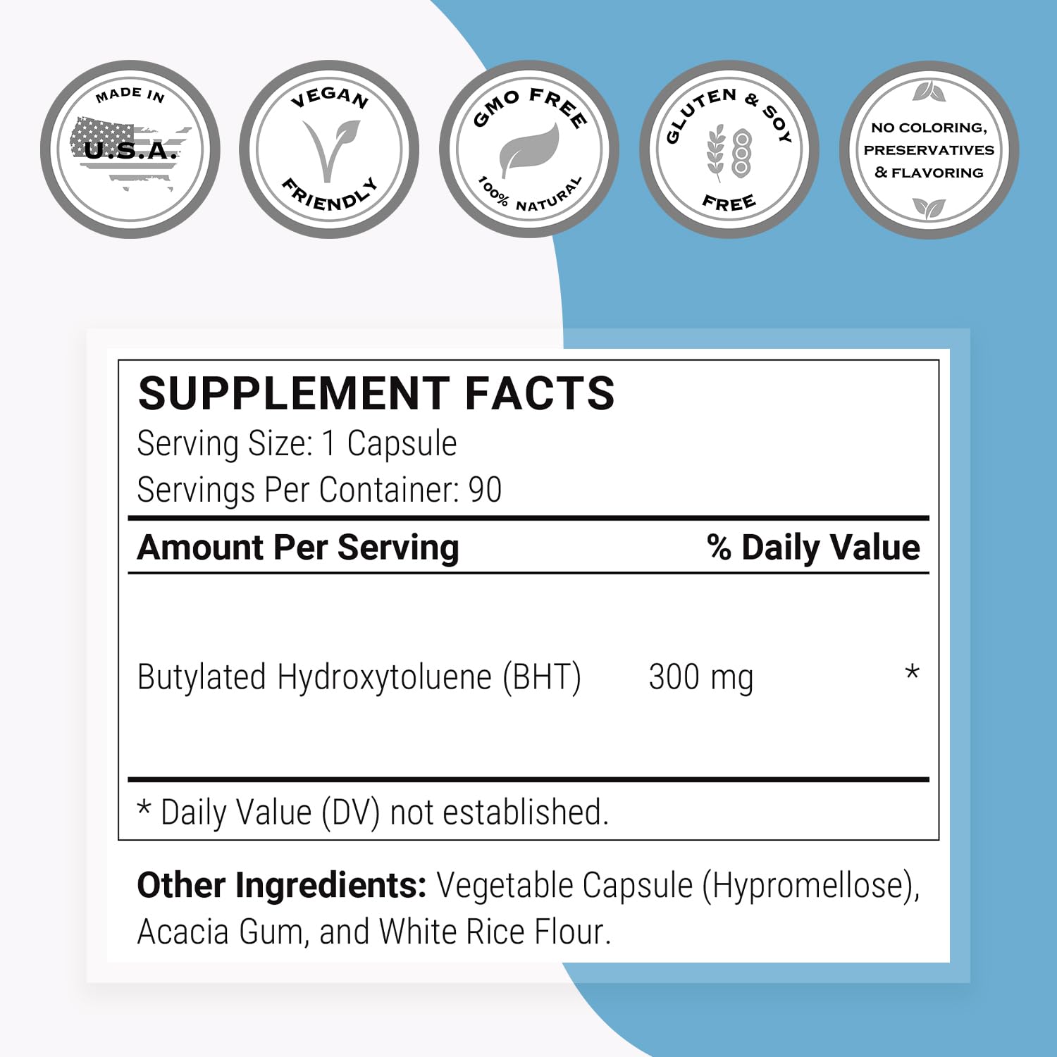 Supersmart - BHT Supplement 300mg per Day - Butylated Hydroxytoluene | Non-GMO & Gluten Free - 90 Vegetarian Capsules SupersmartUS supplements