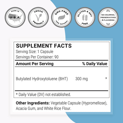 Supersmart - BHT Supplement 300mg per Day - Butylated Hydroxytoluene | Non-GMO & Gluten Free - 90 Vegetarian Capsules SupersmartUS supplements