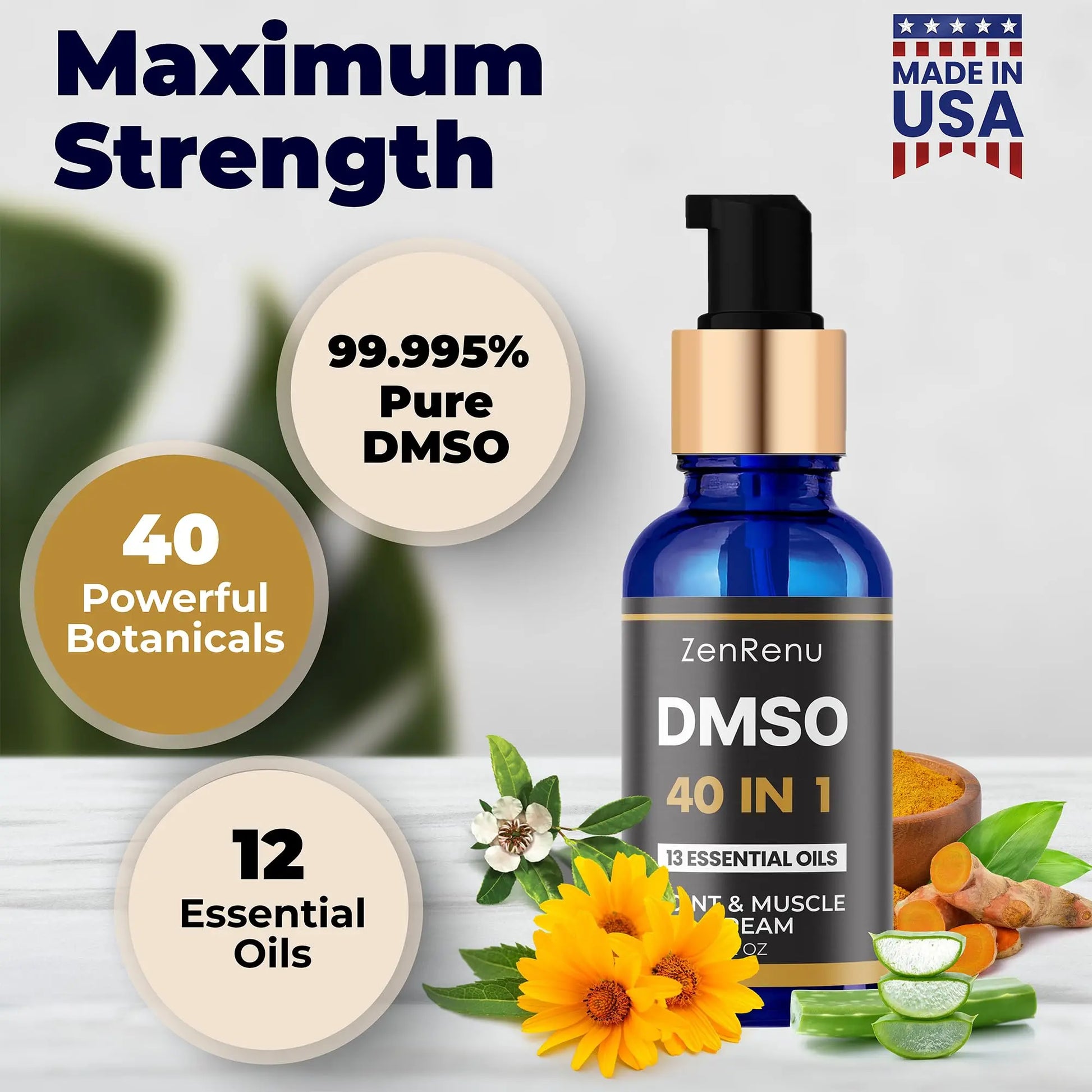 Zenrenu DMSO Cream 99.995% Pure Pharmaceutical Grade - 40-in-1 Advanced Formula -12 Essential Oils, Arnica, Aloe Vera, MSM - Fast-Absorbing Cream – 2 oz Glass Pump Bottle – Made in USA ZenrenuAu supplements