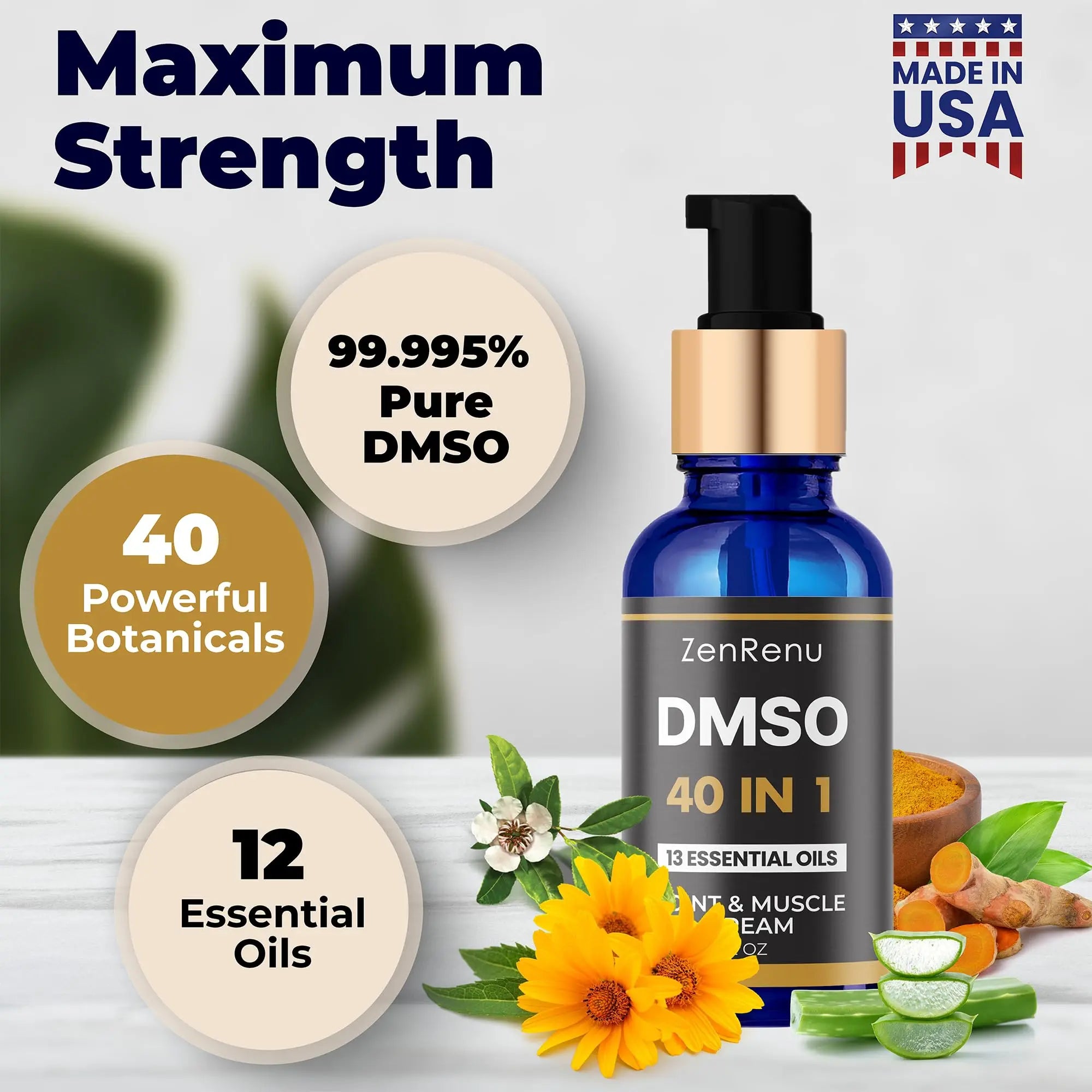 Zenrenu DMSO Cream 99.995% Pure Pharmaceutical Grade - 40-in-1 Advanced Formula -12 Essential Oils, Arnica, Aloe Vera, MSM - Fast-Absorbing Cream – 2 oz Glass Pump Bottle – Made in USA ZenrenuAu supplements