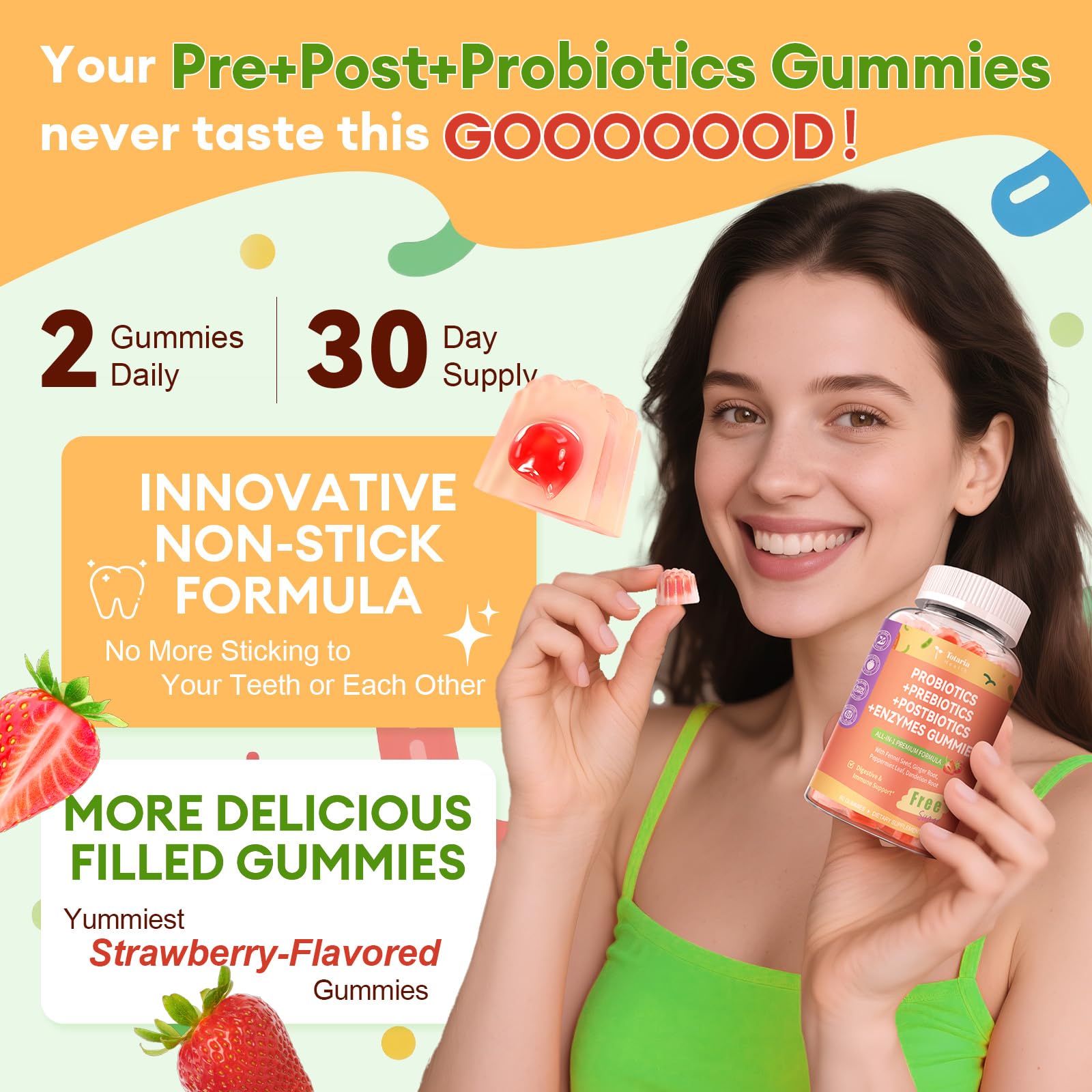 (2 Packs) Totaria Sugar Free 5-in-1 Probiotic Prebiotic Postbiotic Gummy, Probiotics for Women Men with Digestive Enzymes, Peppermint, Complete Immune, Gut & Digestive Support, Vegan Strawberry Flavor TotariaAu supplements