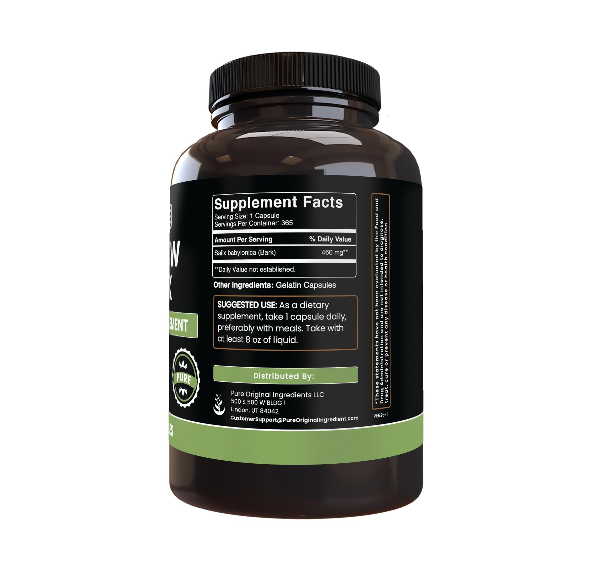PURE ORIGINAL INGREDIENTS Willow Bark Extract (365 Capsules) No Magnesium Or Rice Fillers, Always Pure, Lab Verified PURE ORIGINAL INGREDIENTSAu supplements