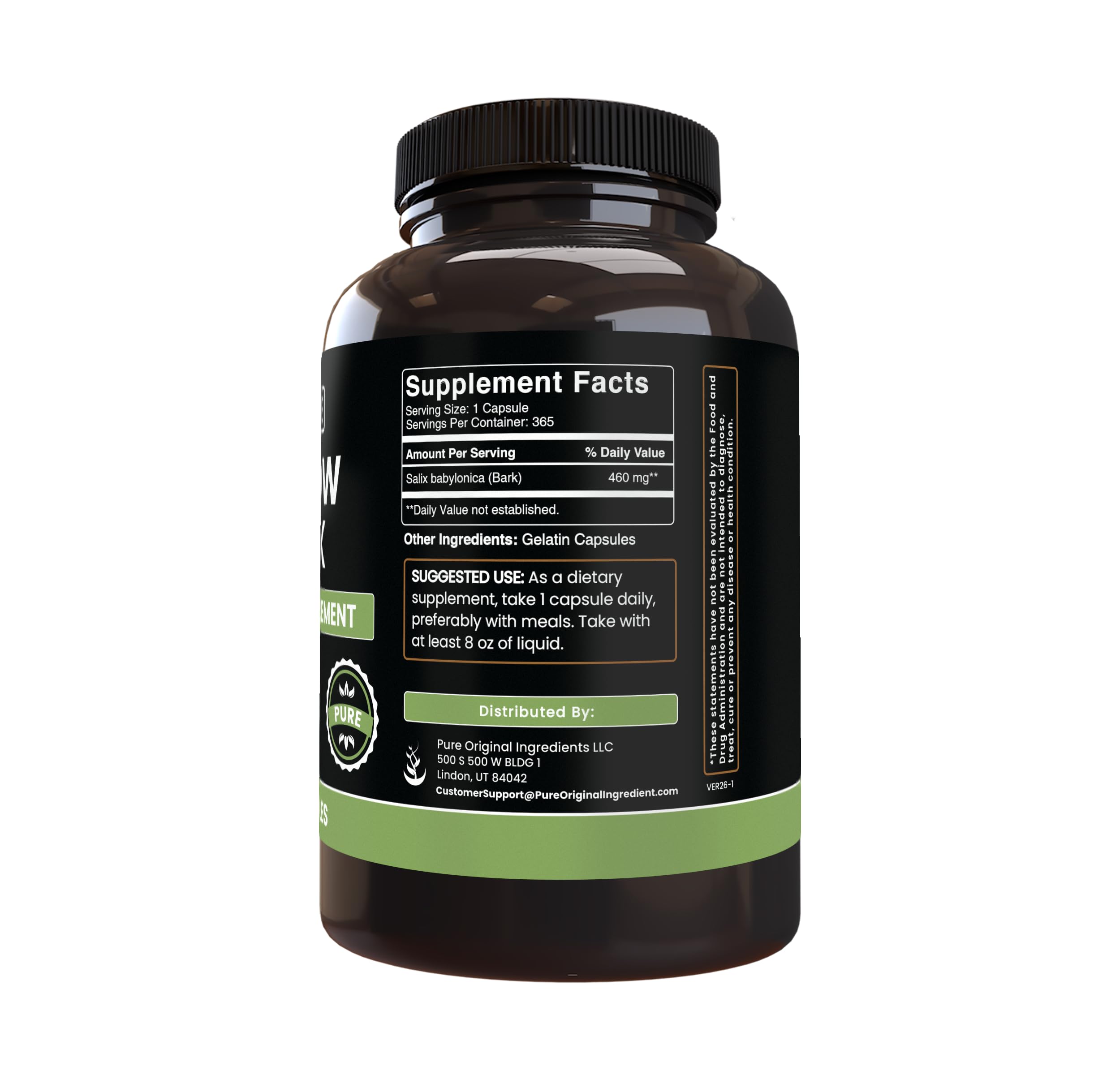 PURE ORIGINAL INGREDIENTS Willow Bark Extract (365 Capsules) No Magnesium Or Rice Fillers, Always Pure, Lab Verified PURE ORIGINAL INGREDIENTSAu supplements