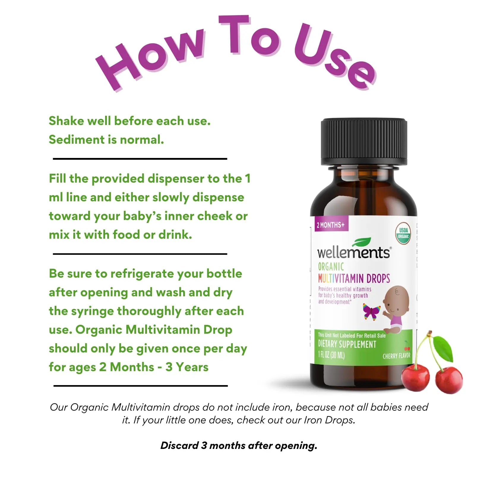 Wellements Organic Baby Multivitamin Drops (1 Fl Oz) - Cherry Flavor Liquid Multivitamins for Infants & Toddlers (2 Months+) WellementsAu supplements