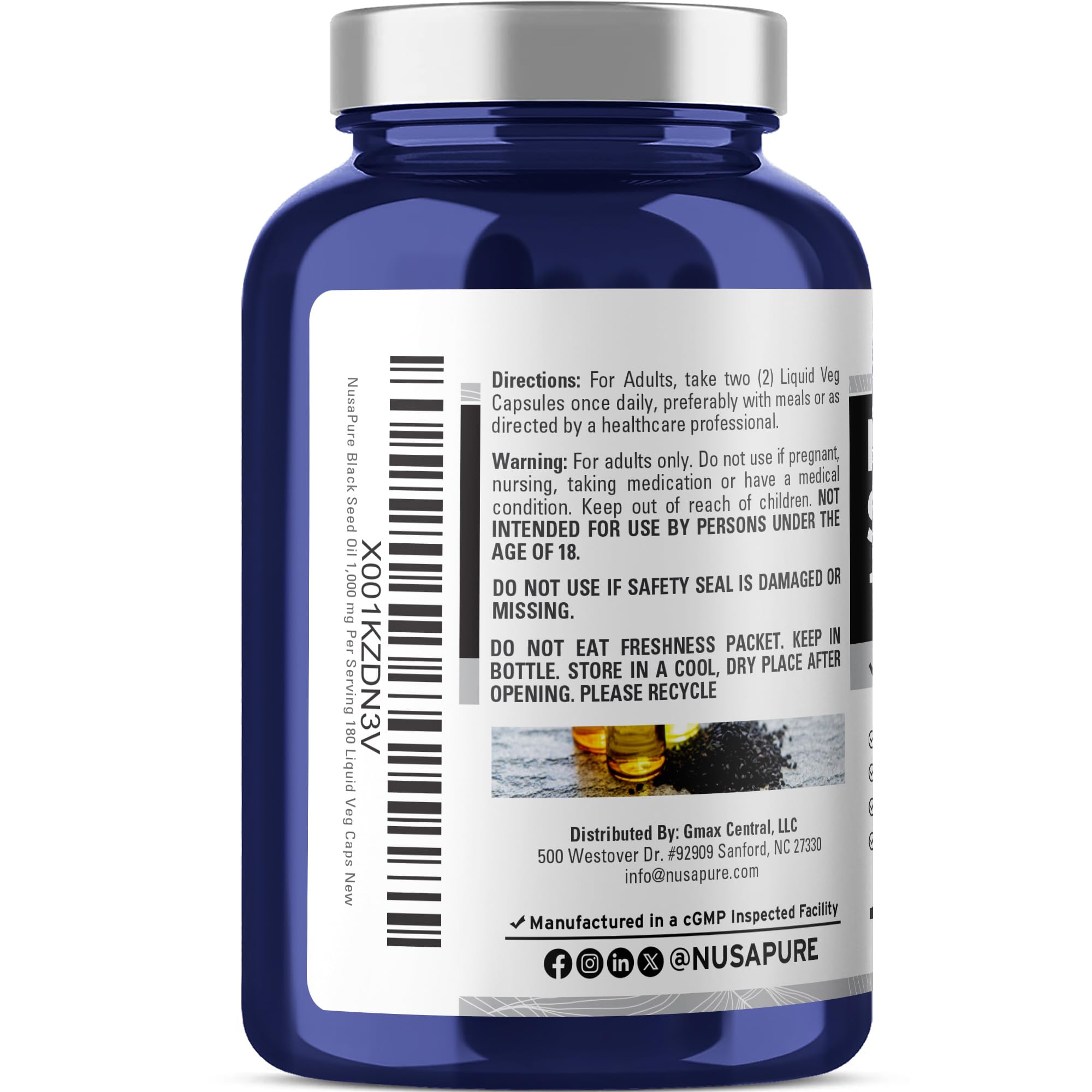 NusaPure Black Seed Oil 1,000 mg per Serving 180 Softgel Capsules (Non-GMO, Vegetarian & Vegan) Cold-Pressed Virgin Nigella Sativa. Hexane Free NusaPureAu supplements