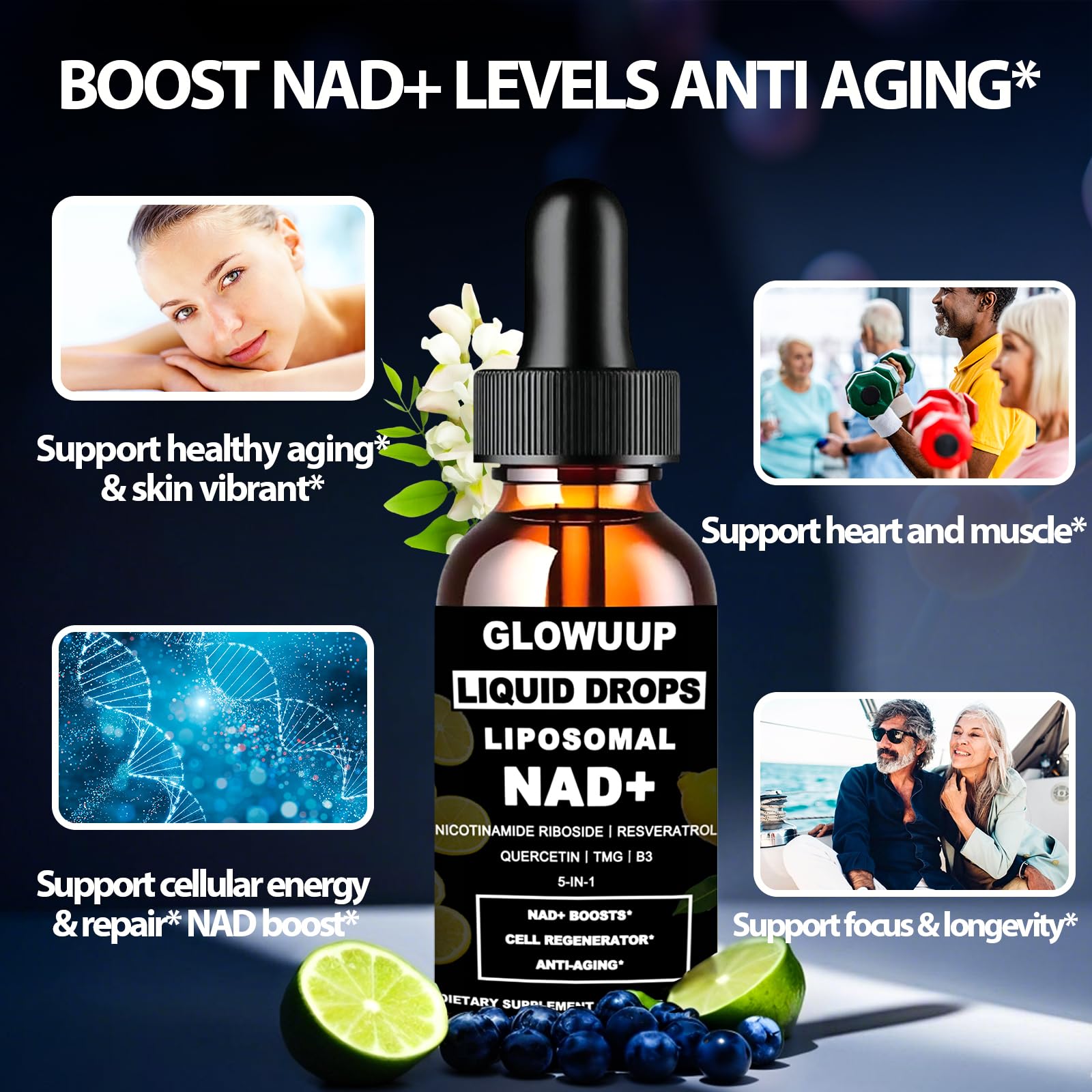NAD Supplements for Women & Men, Liposomal NAD Nicotinamide Riboside Resveratrol 900mg w. B3 Vitamin Quercetin TMG, Liquid Resveratrol NAD Plus Supplement for Anti-Aging Energy Focus Longevity GLOWUUPAu supplements