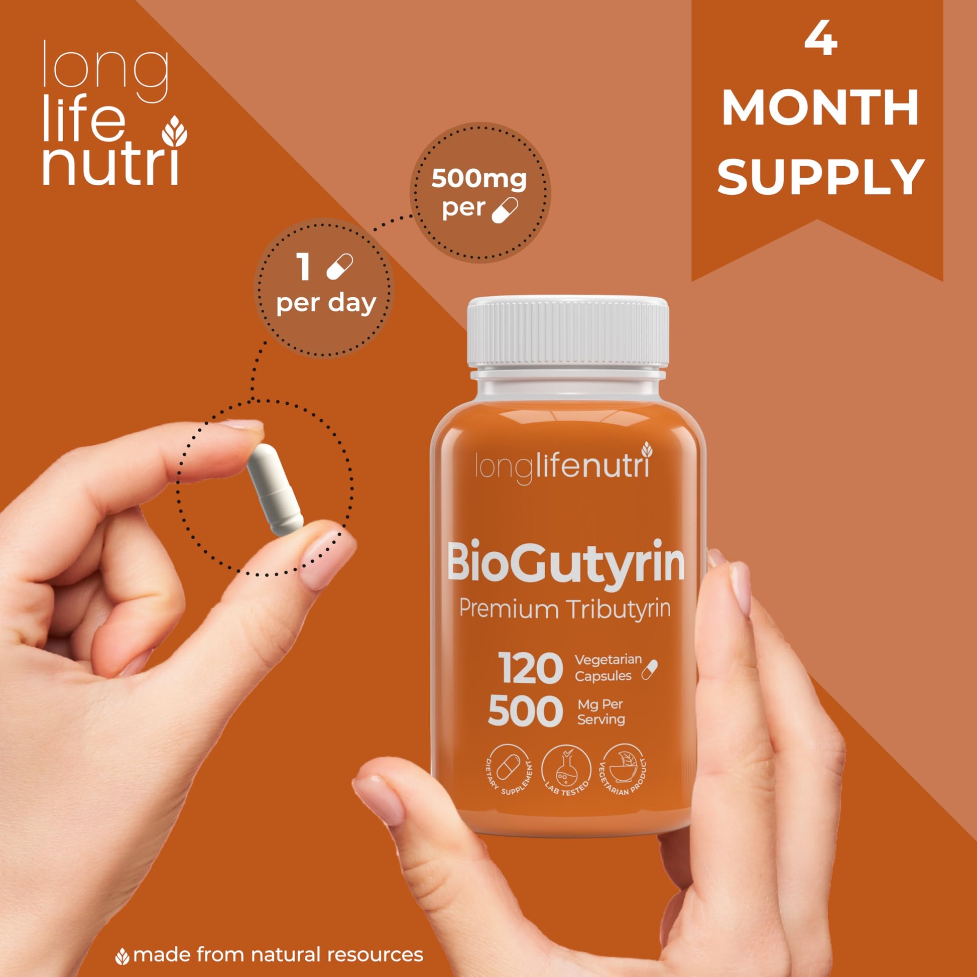 BioGutyrin – Tributyrin 500mg, Postbiotic Supplement for Gut Function & Nutrient Absorption, 120 Vegetarian Capsules, Butyric Acid for Butyrate Production, 4-Month Supply, GMP Certified, Made in USA LongLifeNutriAu supplements