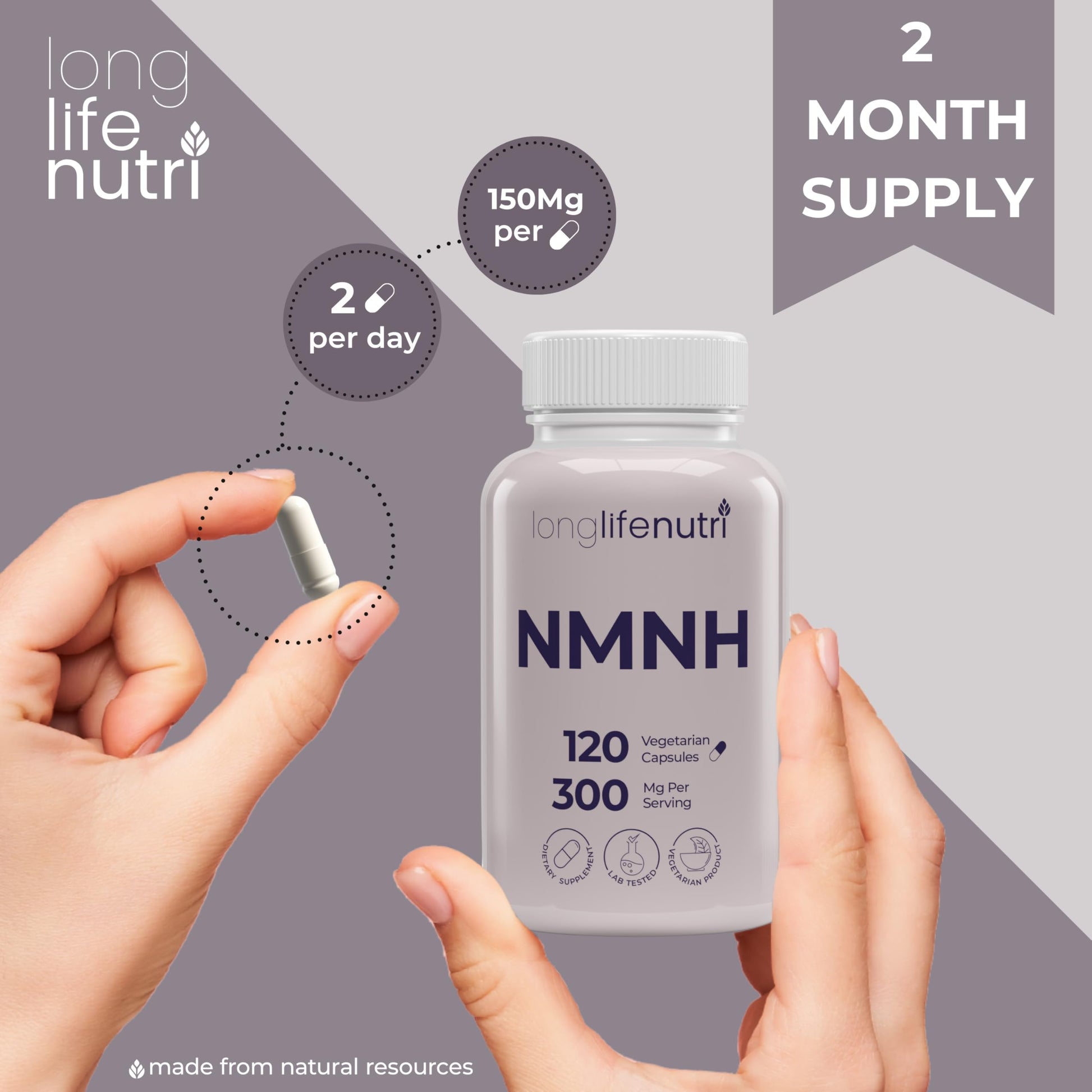 LongLifeNutri NMNH 300mg (Dihydronicotinamide Mononucleotide) - 120 Vegan Capsules, 2-Month Supply, NMN Alternative, NAD Supplement for Energy & Longevity, Lab Tested, Made in USA LongLifeNutriAu supplements