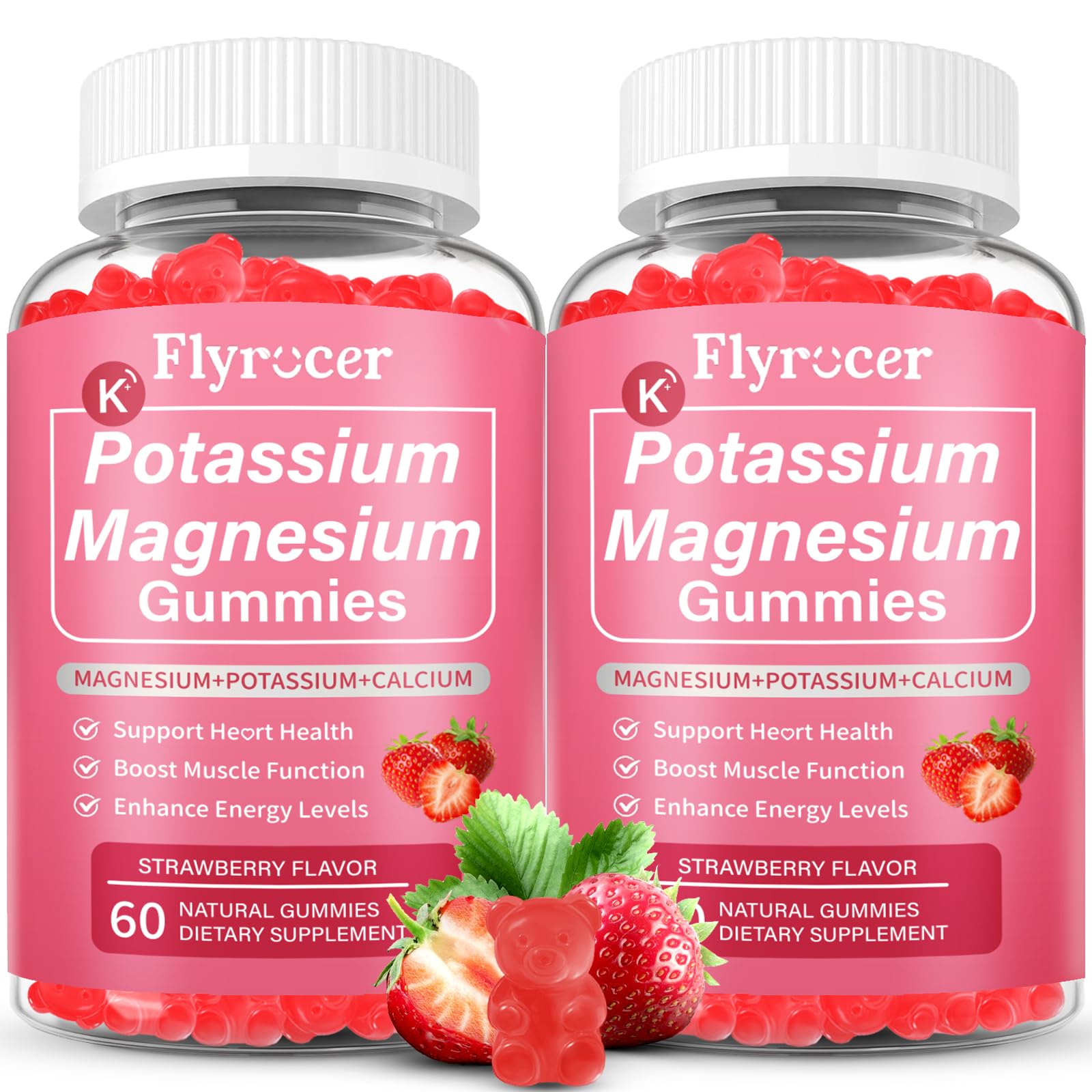 2 Pack Potassium Magnesium Gummies for Men & Women, Potassium Magnesium Supplement for Leg Cramps, Muscle Health, & Electrolyte Balance, Strawberry Flavor, 120 Gummies FlyrocerAu supplements