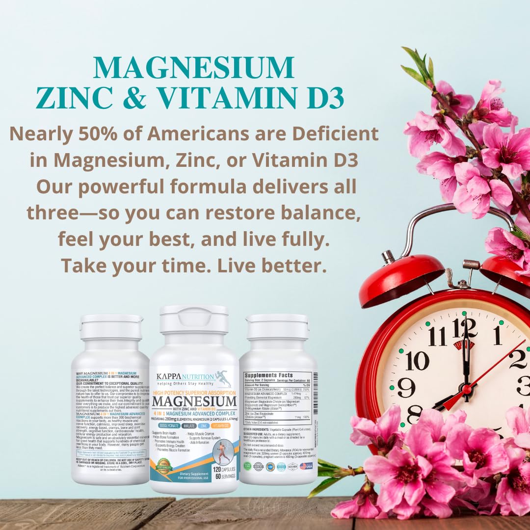 Kappa Nutrition Magnesium 4-in-1, 280mg Elemental Magnesium (Bisglycinate, Malate) + Zinc & Vitamin D3, Brain, Sleep, Energy, Muscle, Immune Support, 120 Vegan Capsules. KAPPA NUTRITIONAu supplements