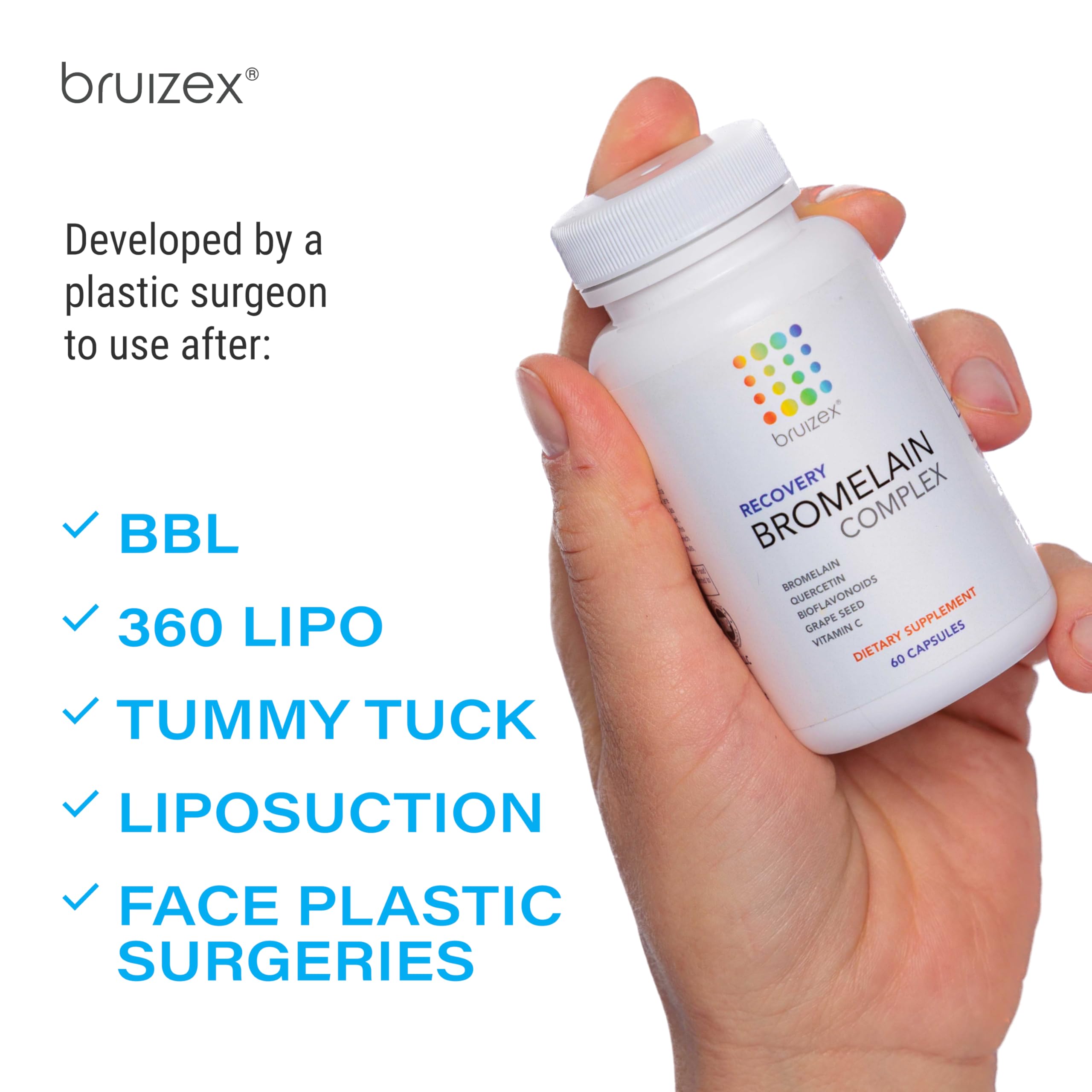 Bruizex Bromelain & Quercetin Recovery Complex - Post Surgery Recovery Bruising, Swelling Relief, Lymphatic Drainage - Post 360 lipo, BBL, Liposuction, Tummy Tuck - Non GMO - 60 Capsules BruizexAu supplements