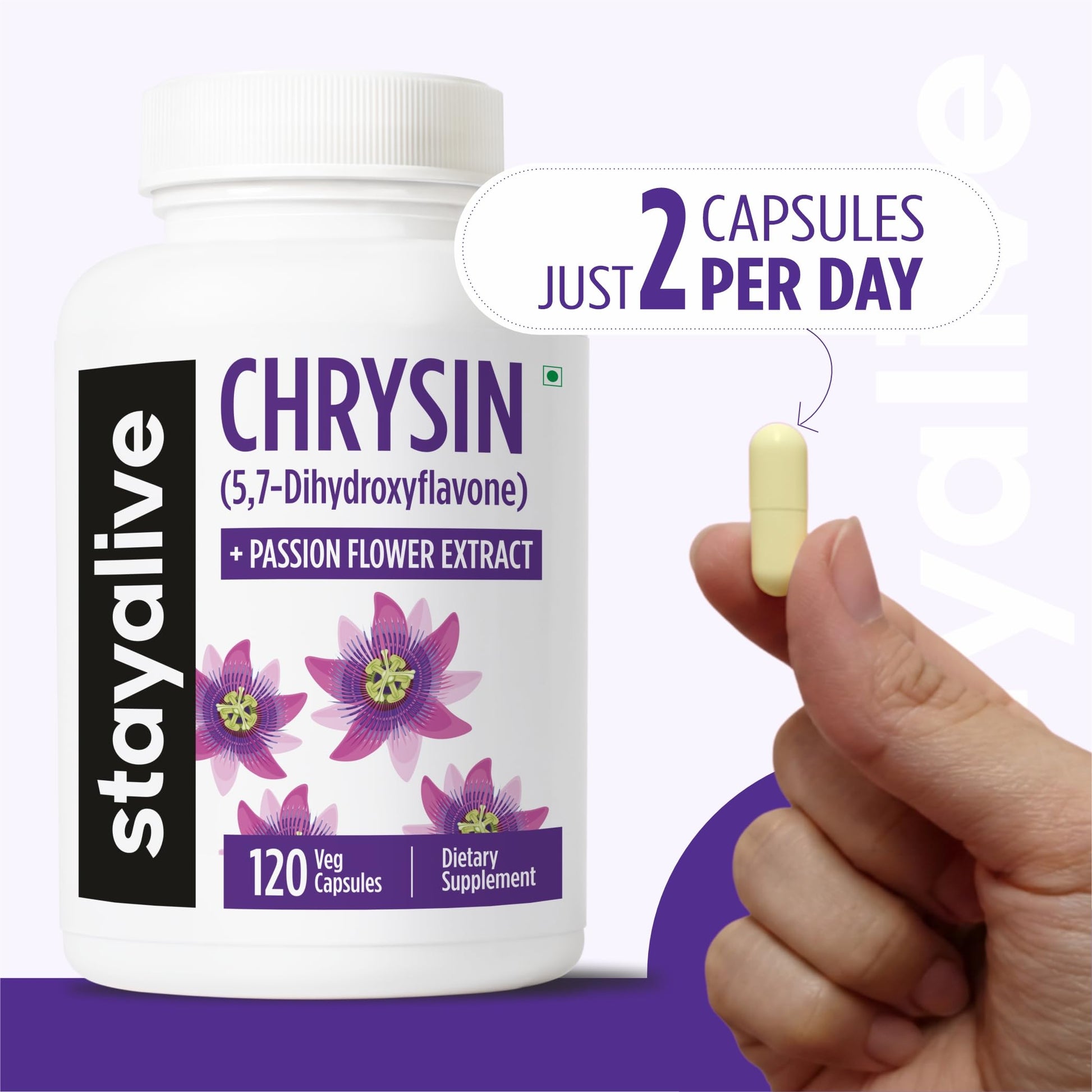STAY ALIVE Chrysin Supplement 500mg & Passion Flower Extract Powder, 5,7-Dihydroxyflavone, Non-GMO and Gluten-Free Chrysin for Men and Women, 120 Capsules STAY ALIVEAu supplements