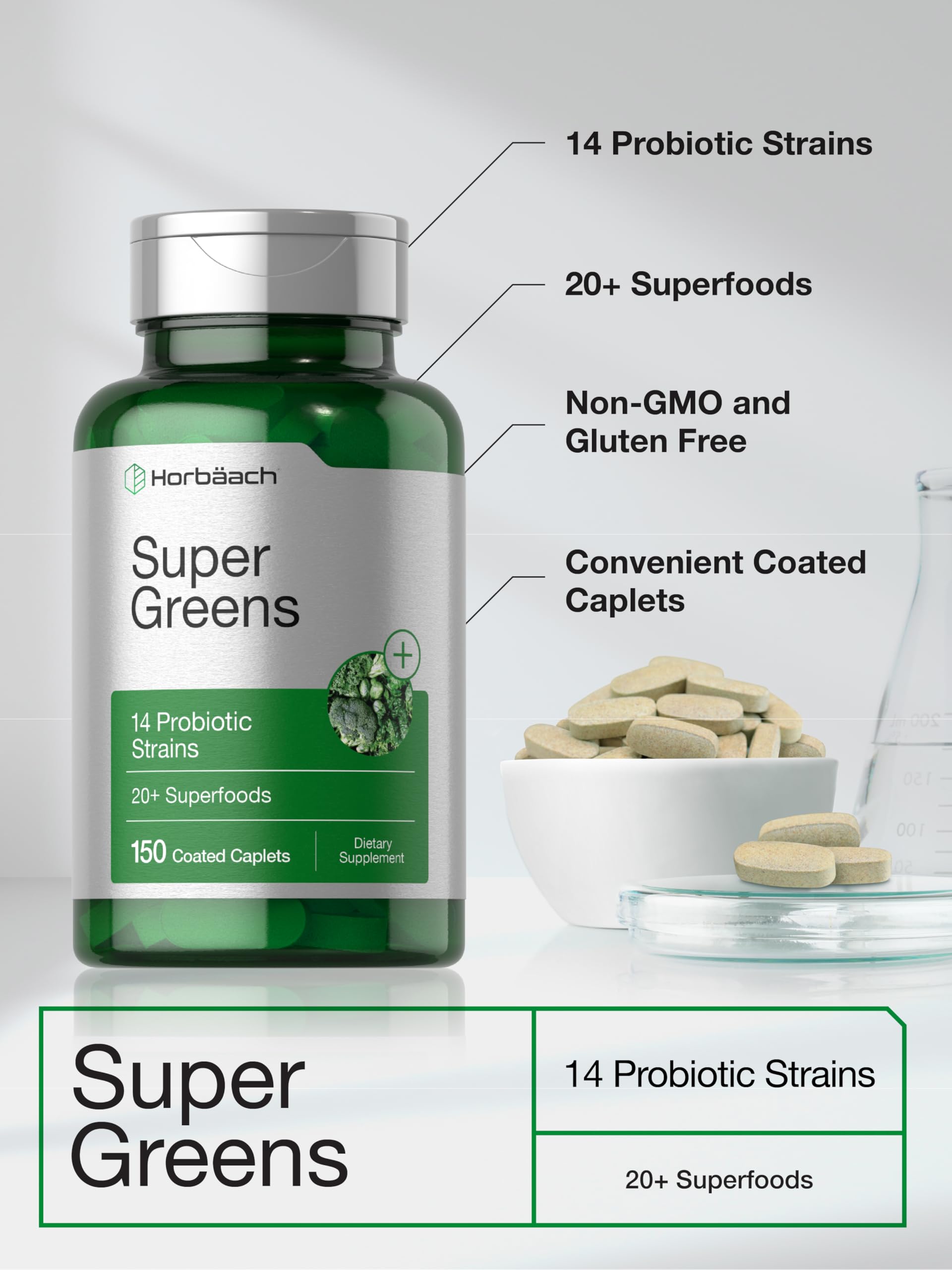 Horbäach Super Greens Supplement with Probiotics | 150 Caplets | Non-GMO, and Gluten Free HorbäachAu supplements