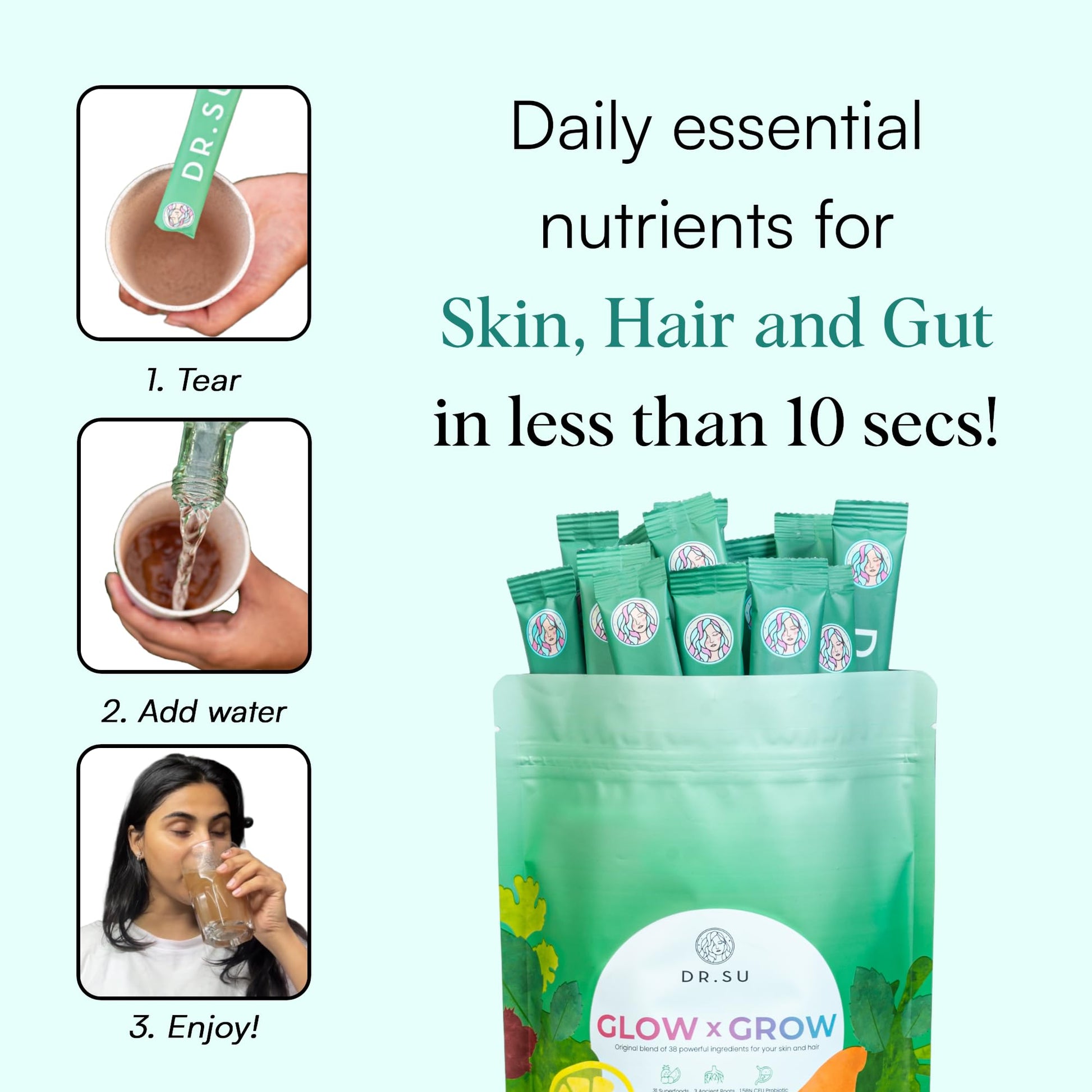 Dr.Su 6-in-1 Supplement Powder | Clear Skin, Strong Hair & Healthy Gut | with Vitamins, Minerals, Antioxidants, Probiotics, Fiber & Adaptogens | Lemon Mint | Sugar-Free | 30 Sachets | Unisex Dr.SuAu supplements