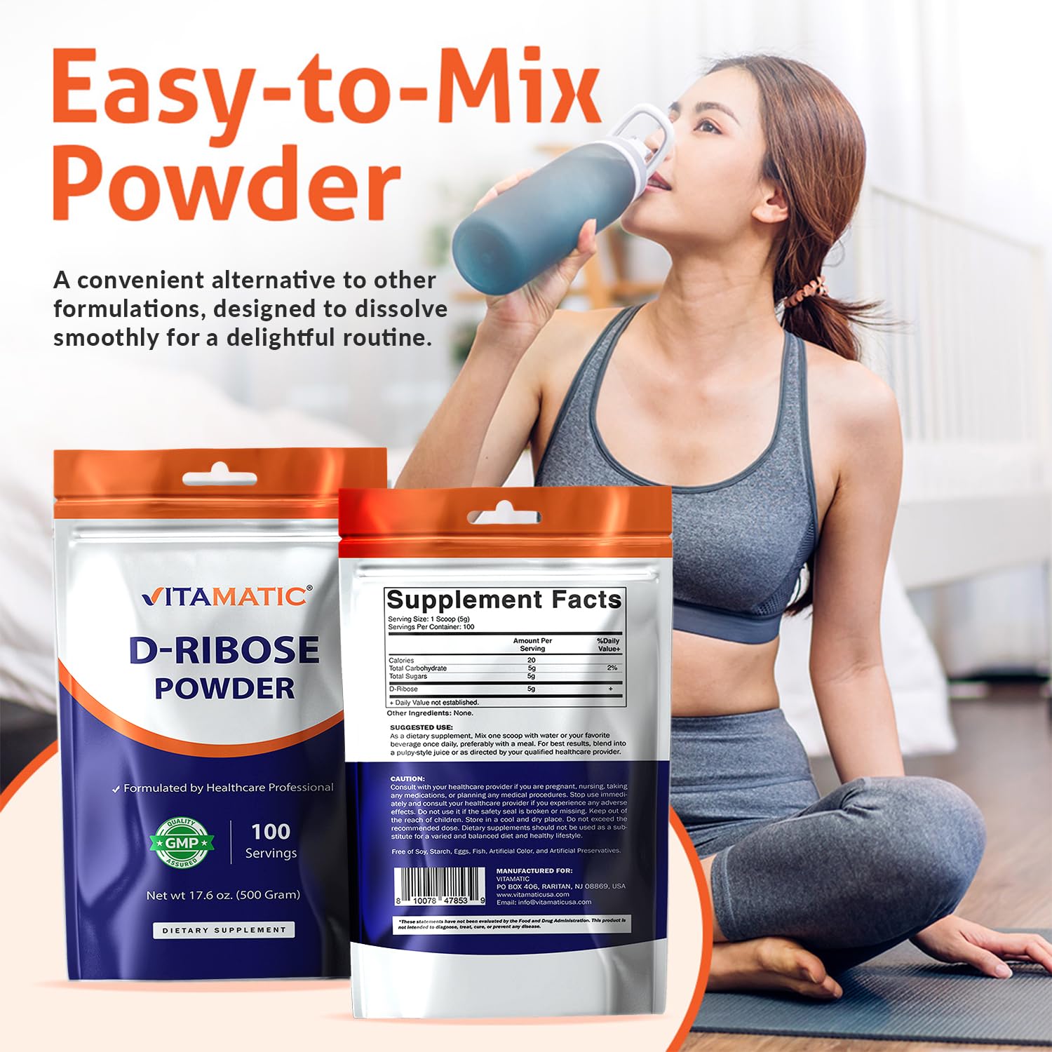 Vitamatic D-Ribose Powder 500g - 17.6 OZ (500 Gram) | Pure & Unflavored | Non-GMO | Easy-Mix Dietary Supplement VitamaticAu supplements