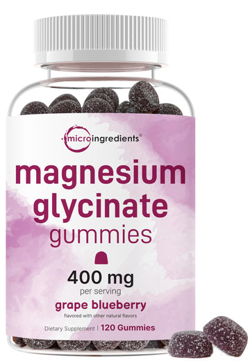 Magnesium Glycinate Gummies 400mg Per Serving, 120 Count | Natural Grape Blueberry Flavor | Potent Elemental Form + Chelated for High Absorption | Healthy Muscle, Bones, & Mood Support Supplement Micro IngredientsAu supplements