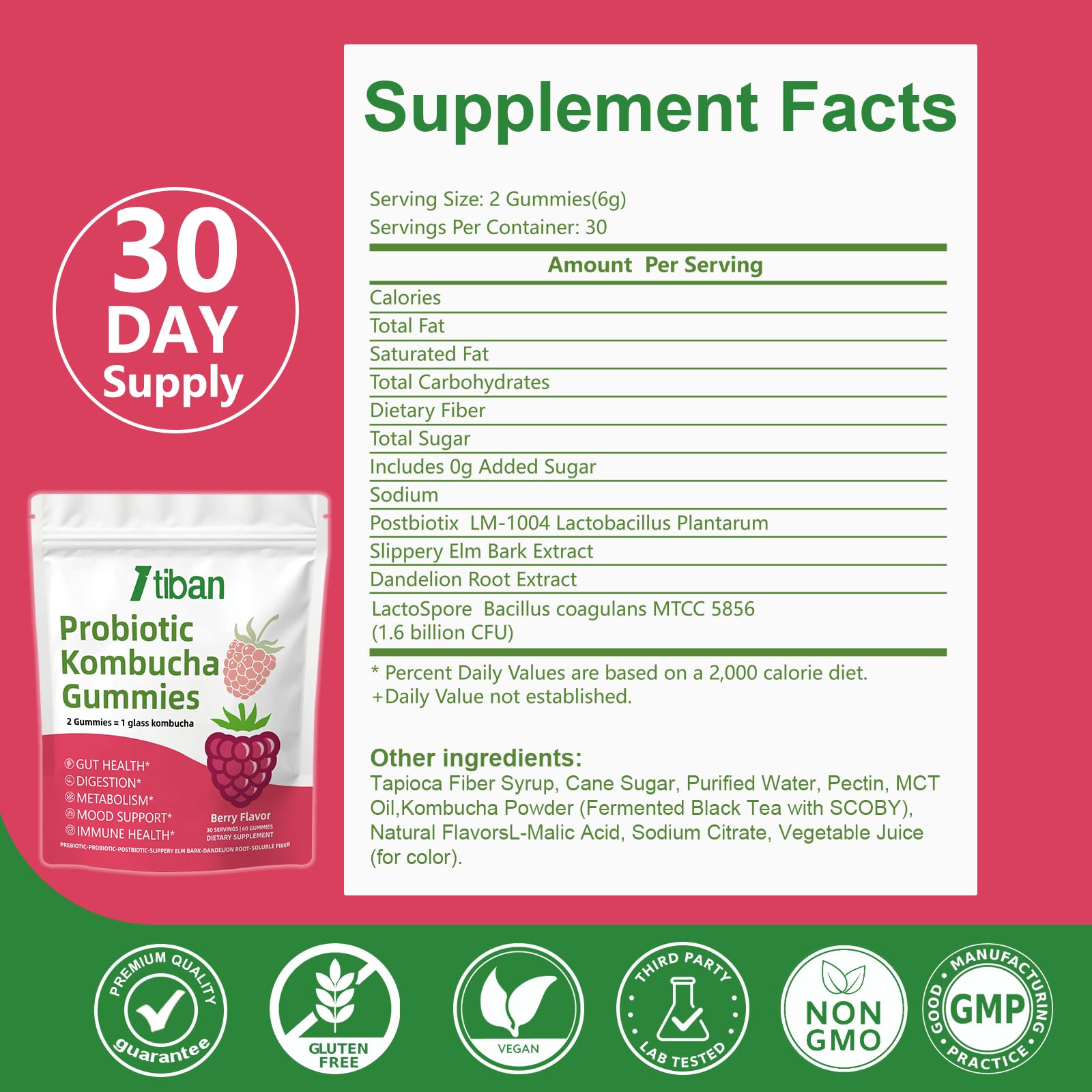 Itiban Probiotic Kombucha Gummy - Prebiotics, Probiotics, Postbiotics, Fiber Supplement, Slippery Elm for Bloating, Gut Health, Women and Men, 60ct ItibanAu supplements