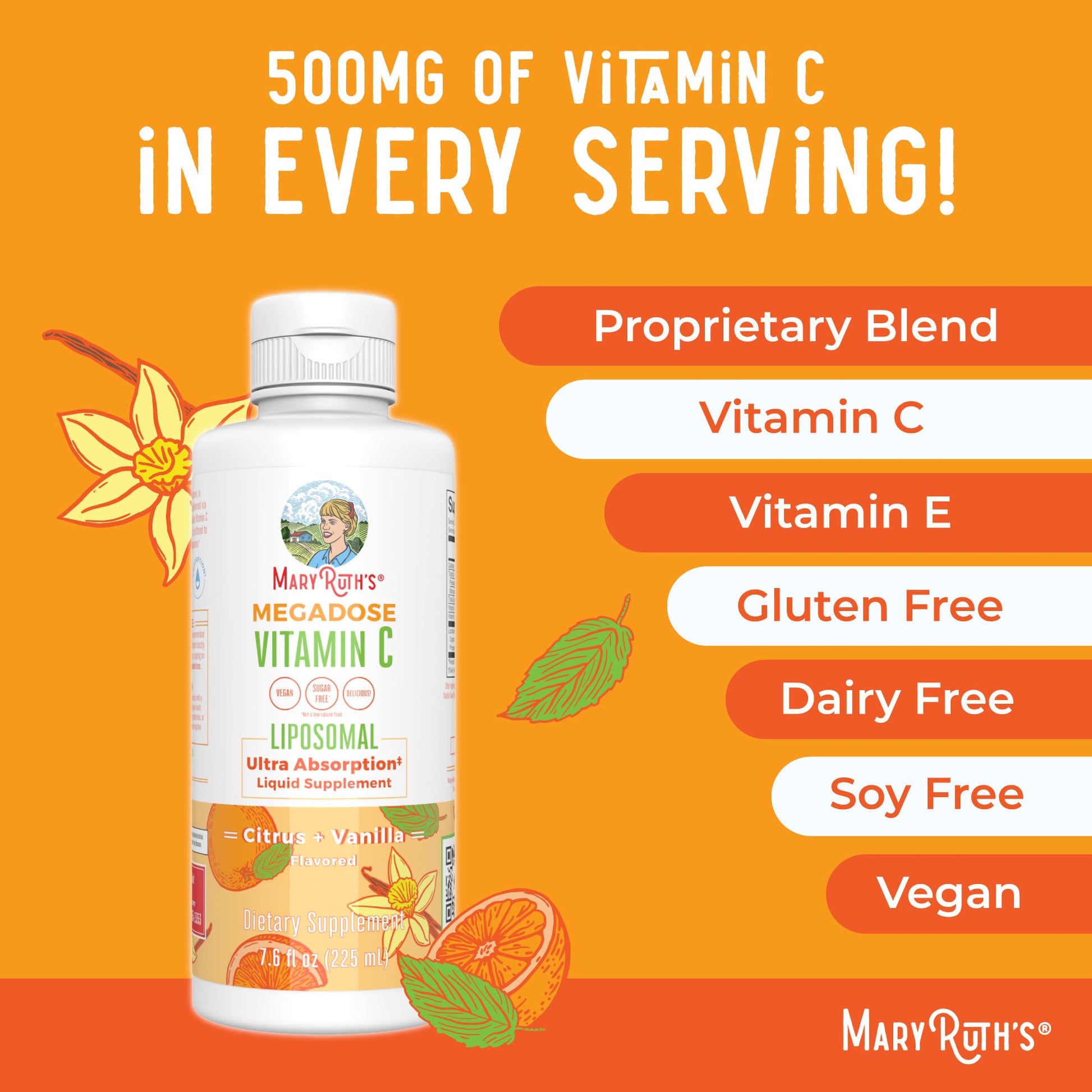 MaryRuth's Megadose Liquid Vitamin C Liposomal | 500 mg Per Serving | Ultra Absorption | Immunity | Antioxidant Support | Collagen Formation | Vegan | Gluten Free | Sugar Free | 7.6 Oz | 30 Servings MARYRUTH'SUS supplements