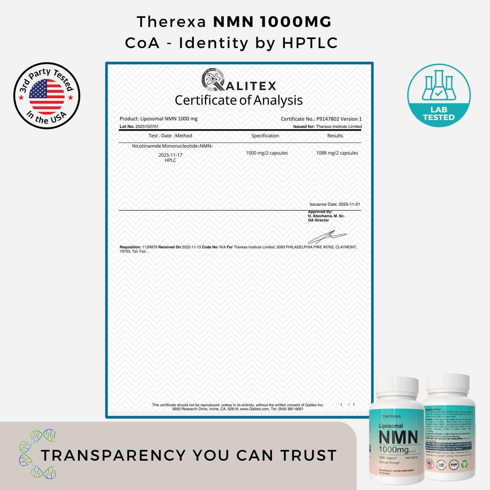 NMN Supplement 1000mg Pure - Liposomal NMN for NAD+ Supplement, Tested in USA, 60 Capsules THEREXAAu supplements
