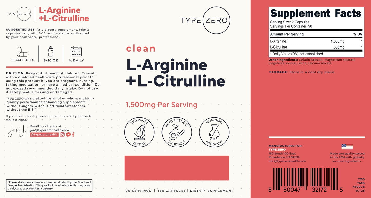 Type Zero L-Arginine + L-Citrulline Supplement (1500mg) - Nitric Oxide Booster - Clean, Keto-Friendly, GMO-Free, 180 Capsules, 90 Servings Type ZeroUS supplements