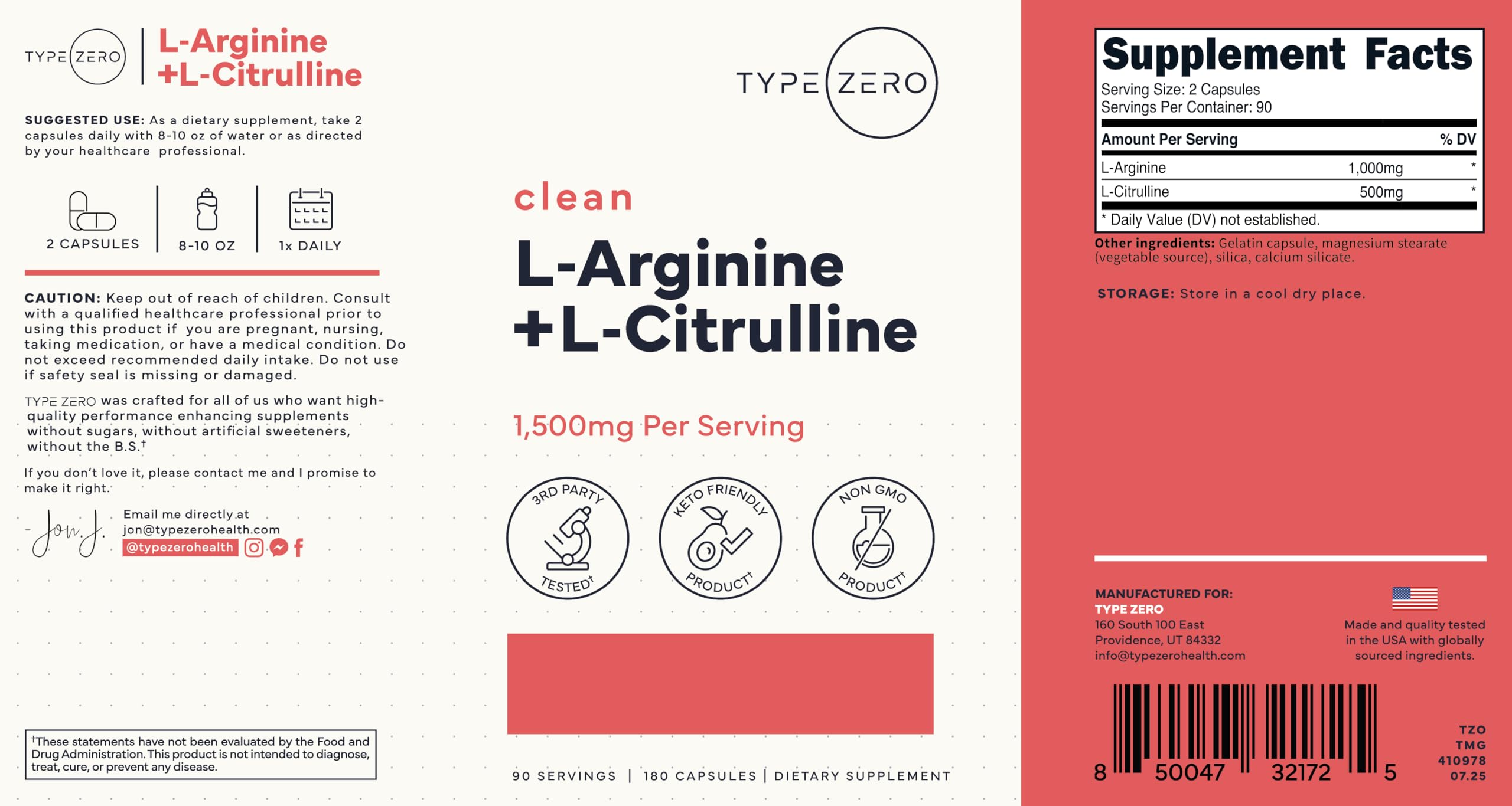 Type Zero L-Arginine + L-Citrulline Supplement (1500mg) - Nitric Oxide Booster - Clean, Keto-Friendly, GMO-Free, 180 Capsules, 90 Servings Type ZeroUS supplements