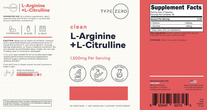 Type Zero L-Arginine + L-Citrulline Supplement (1500mg) - Nitric Oxide Booster - Clean, Keto-Friendly, GMO-Free, 180 Capsules, 90 Servings Type ZeroUS supplements