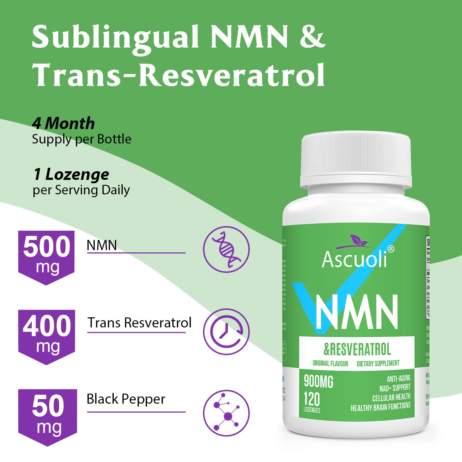 Sublingual NMN 500mg + Trans-Resveratrol 400mg, 3-in-1 Advanced Formula 99% Pure NMN Resveratrol Supplement for Boost* NAD, Cell, Immune, Energy & Muscle, Anti-Aging, 120 Lozenges (120-Day Supply) AscuoliAu supplements