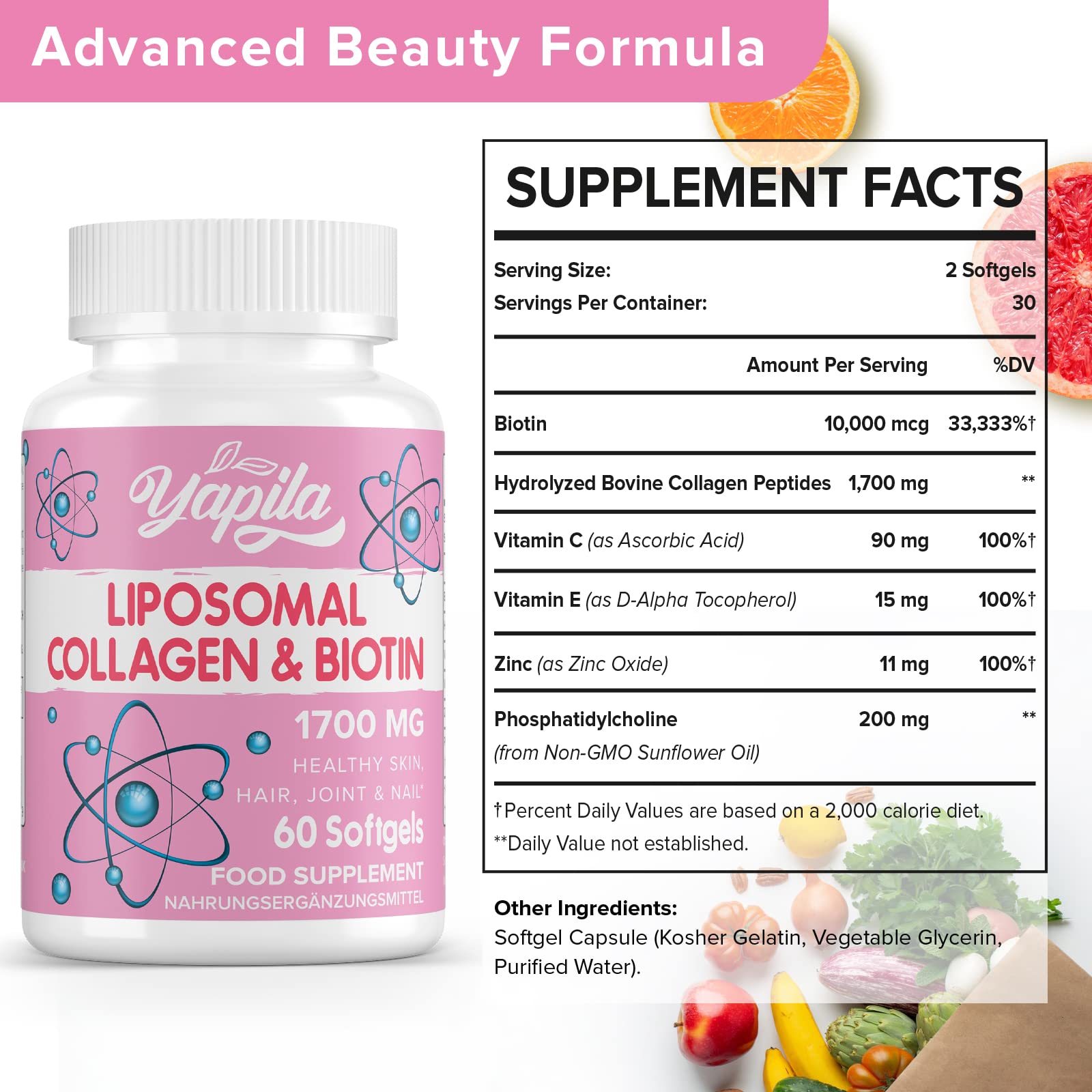 Liposomal Collagen Biotin Capsules, Hydrolyzed Bovine Collagen Peptides 1700 mg, Types 1 & 3 Protein YapilaAu supplements