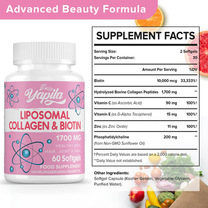 Liposomal Collagen Biotin Capsules, Hydrolyzed Bovine Collagen Peptides 1700 mg, Types 1 & 3 Protein YapilaUS supplements