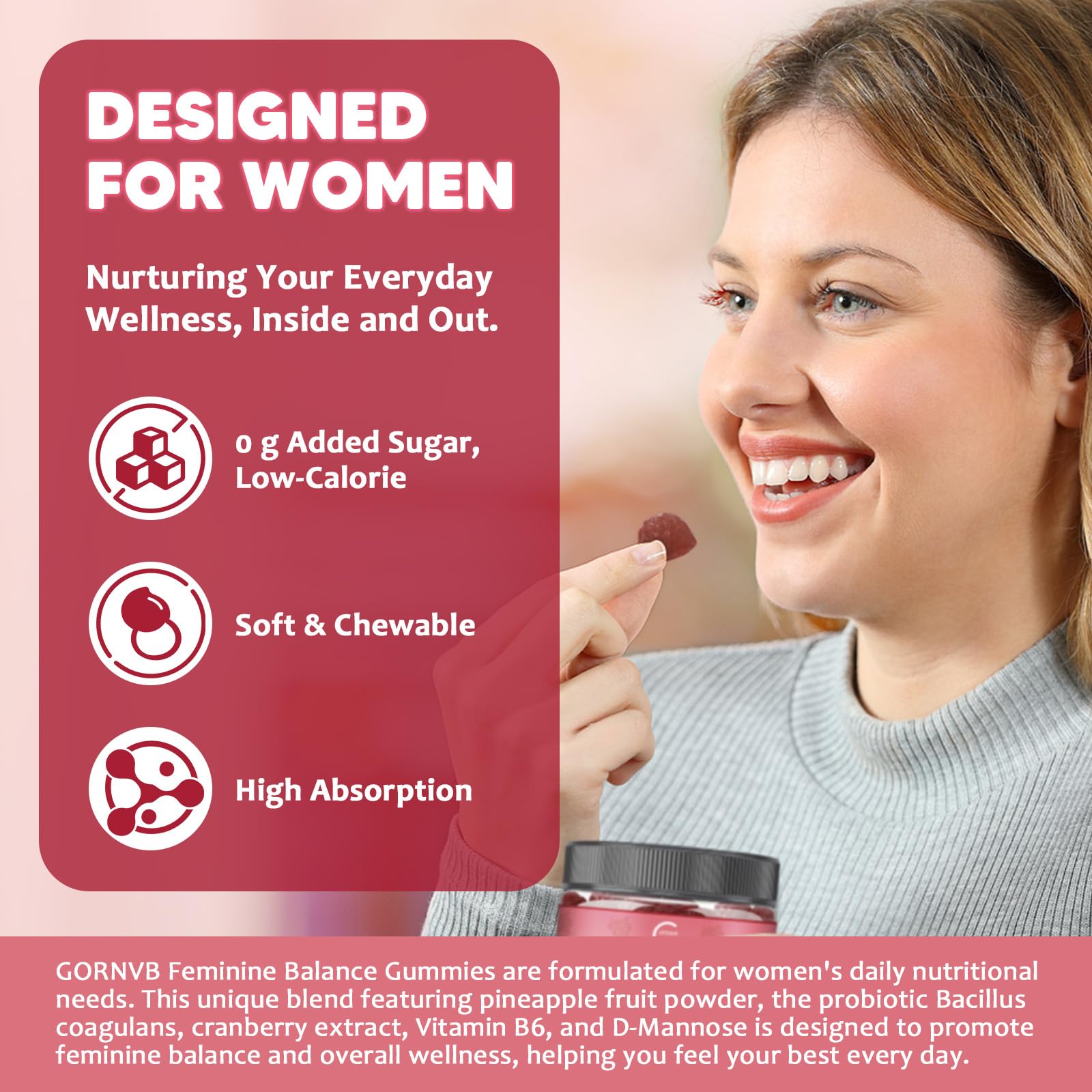 GORNVB Premium Feminine Balance Gummies for Women, Support pH Balance & Vaginal Probiotics Health Gummies with Cranberry Pineapple Powder, D-Mannose, Sugar Free, Gluten Free, Vegan GORNVBAu supplements