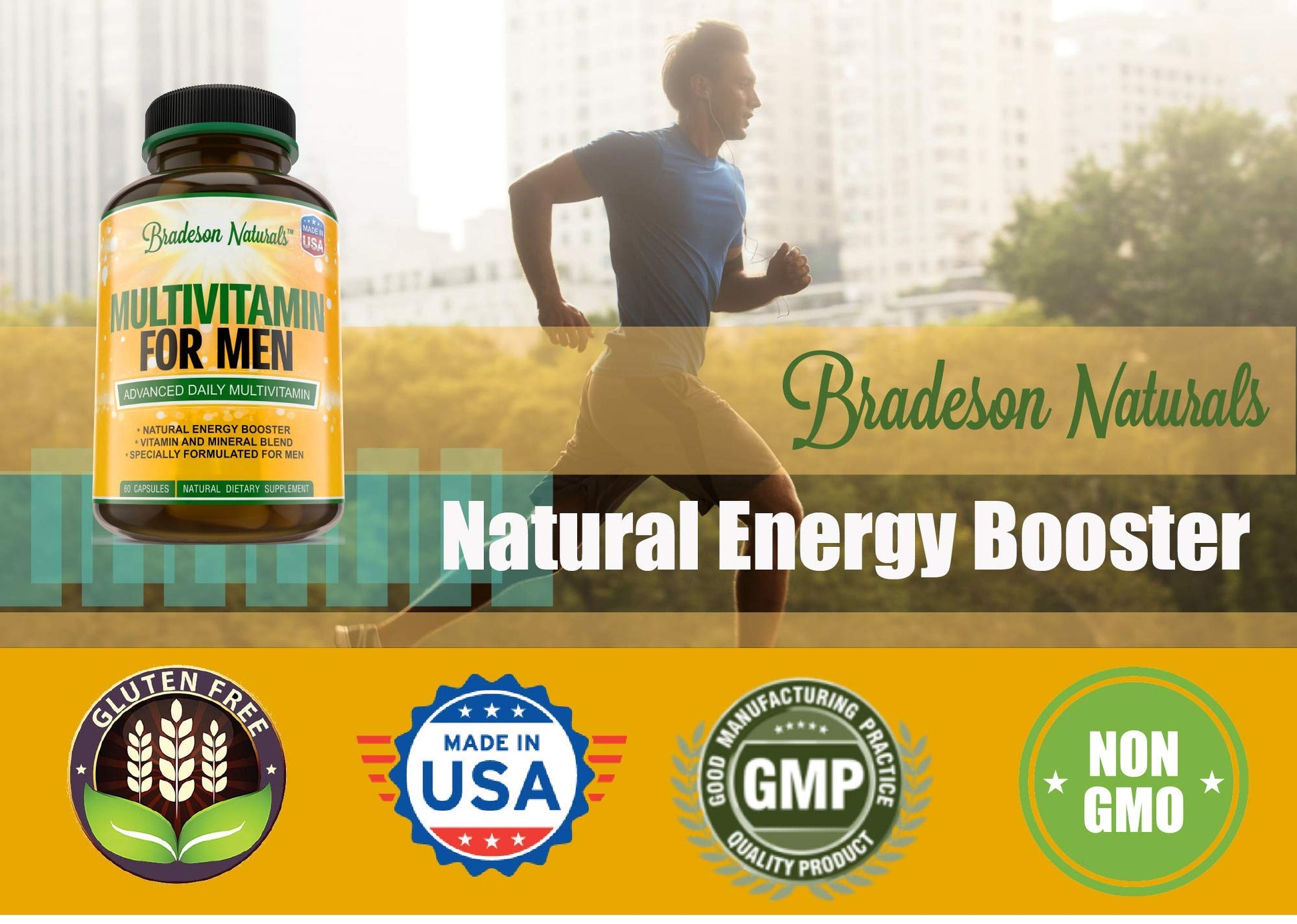 Bradeson Naturals Men's Multivitamin Supplement for Energy, Focus and Performance. Mens Vitamins A, C, D, E & B12, Zinc, Calcium, Magnesium & More. Multi Vitamin 60 Capsules Made in The USA Bradeson NaturalsAu supplements