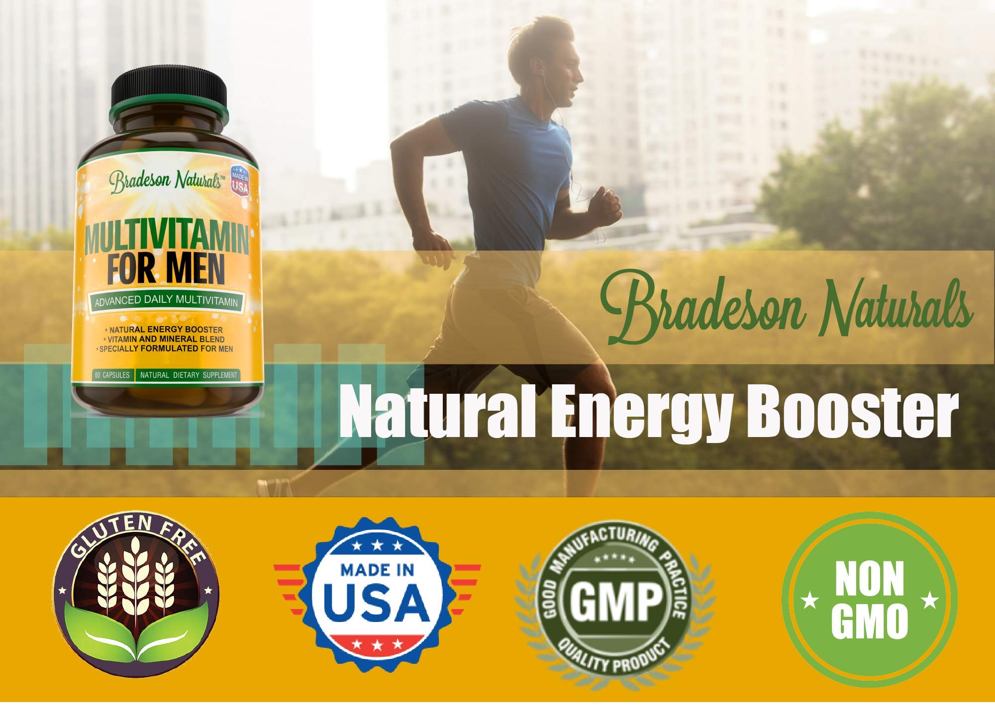 Bradeson Naturals Men's Multivitamin Supplement for Energy, Focus and Performance. Mens Vitamins A, C, D, E & B12, Zinc, Calcium, Magnesium & More. Multi Vitamin 60 Capsules Made in The USA Bradeson NaturalsAu supplements