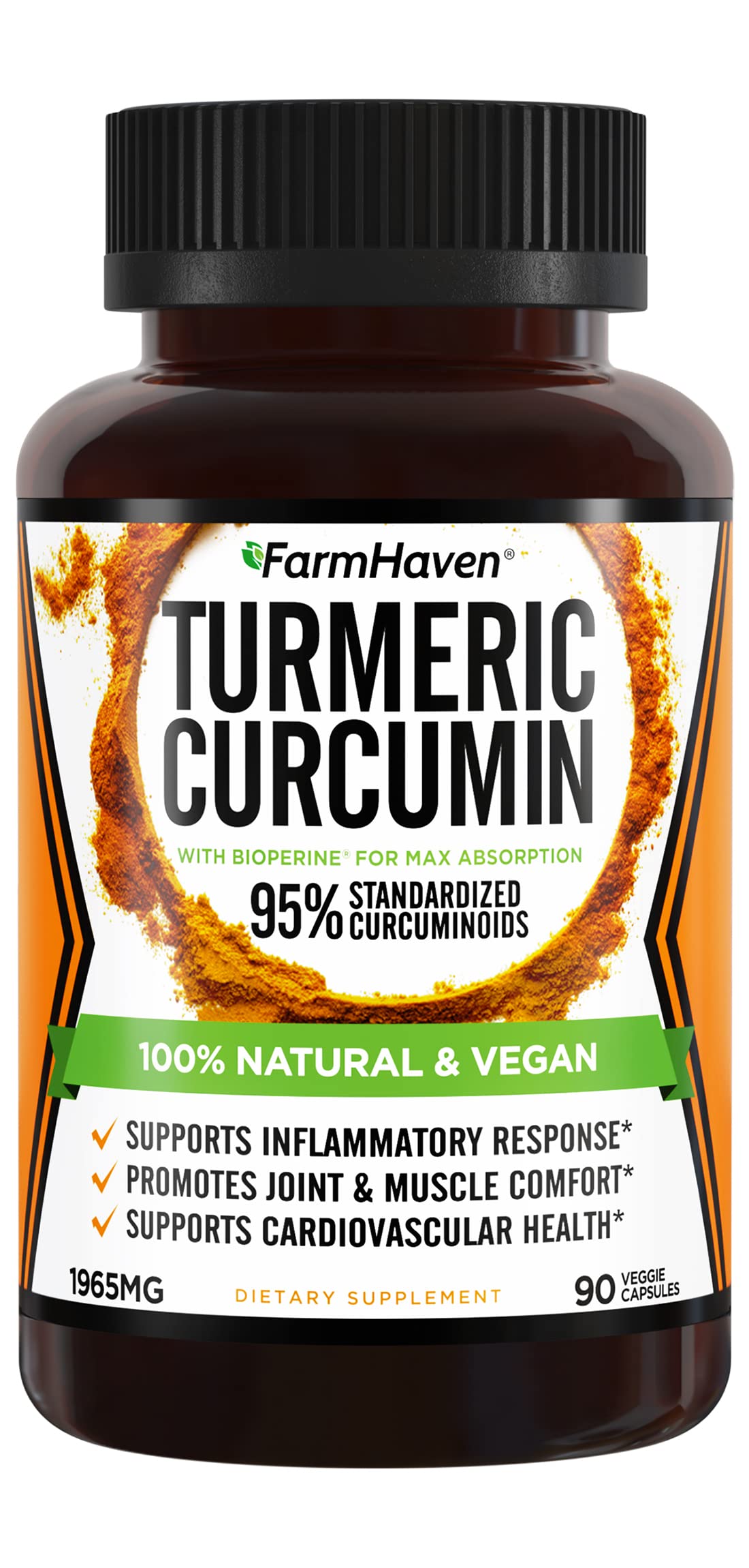 Turmeric Curcumin with BioPerine Black Pepper & 95% Curcuminoids, 1965mg, Maximum Absorption for Joint Support, Non-GMO Turmeric Capsules, FarmHavenUS supplements