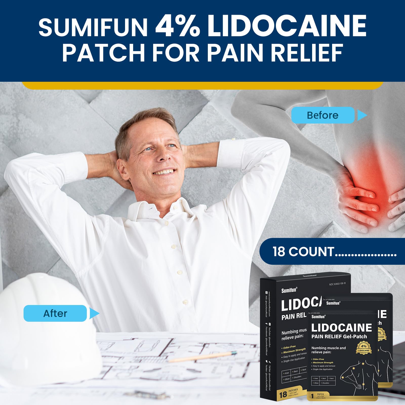 Sumifun 4% Lidocaine Pain Relief Patches - 18 Count Patches for Back, Shoulder, Muscle, Joints, Knee Pain Relief - Lower Back Pain Relief Products - Pain Patches Maximum Strength Lidocaine SumifunAu supplements