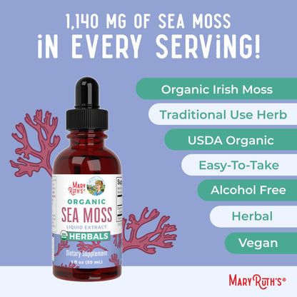 MaryRuth Organics Irish Sea Moss Liquid Drops | Chondrus Crispus | Wild Harvested | Organic Irish Moss Formulated for Adults & Kids Ages 14+ | Unflavored | Sugar Free | Vegan | Non-GMO | 1 Fl Oz MARYRUTH'SUS supplements