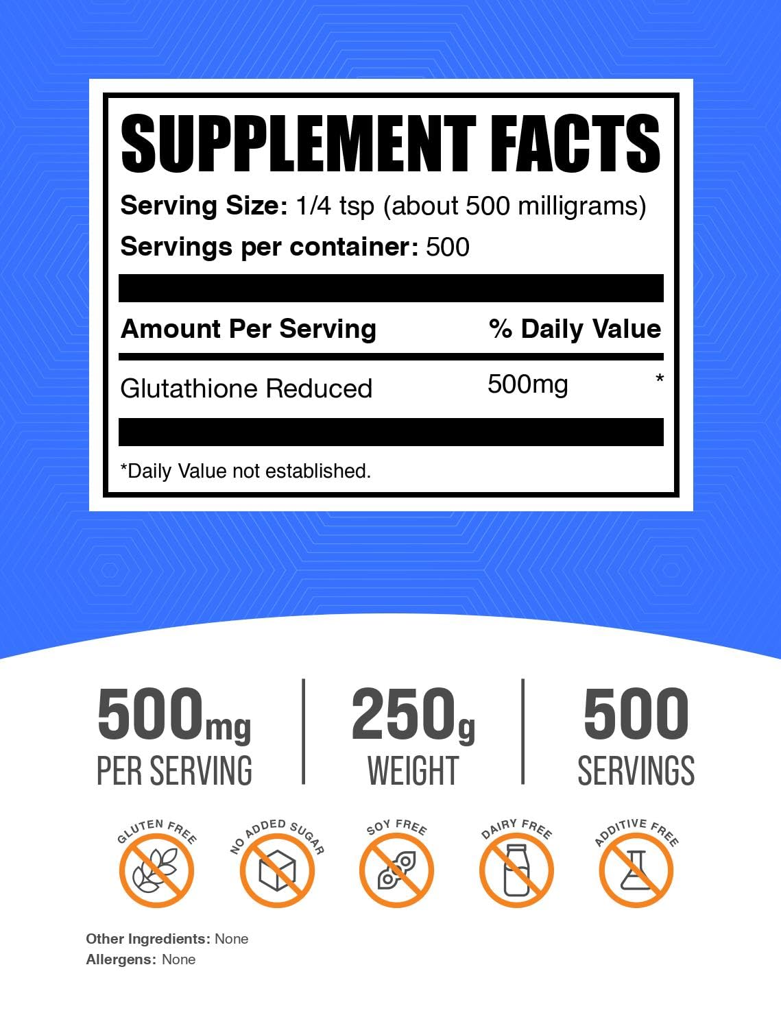 BulkSupplements.com Glutathione Reduced Powder - Glutathione Supplement, Reduced Glutathione Powder - Glutathione 500mg, Gluten Free, 500mg per Serving, 250g (8.8 oz) (Pack of 1) BulkSupplementsAu supplements