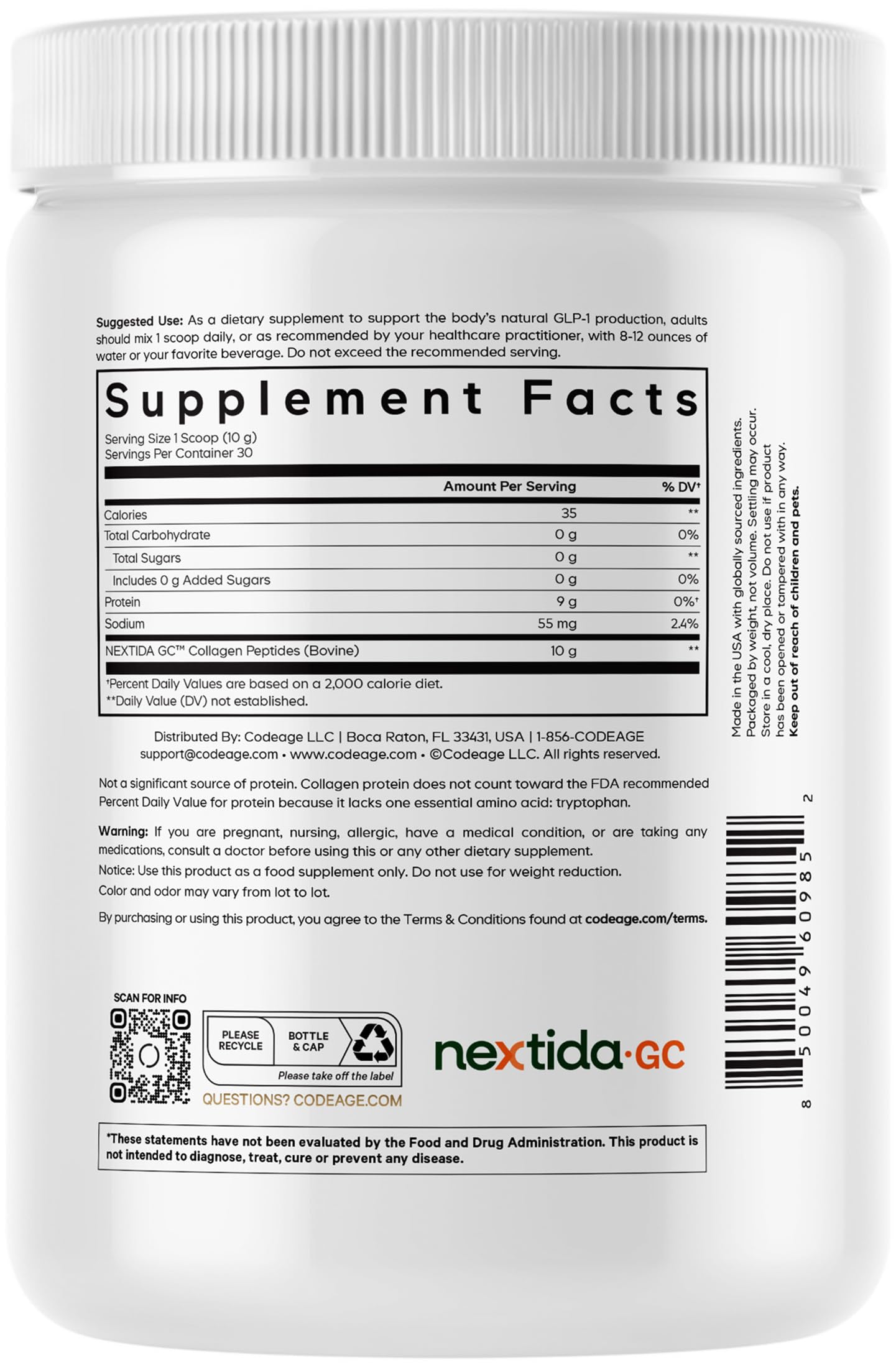 Codeage GLP-1 Collagen Powder Supplement - Nextida GC Collagen Peptides - GLP 1 Support - Hydrolyzed, Grass-Fed, Type I & III, Unflavored - Non-GMO, Gluten-Free, Dairy-Free - 10.58 Oz CodeageAu supplements