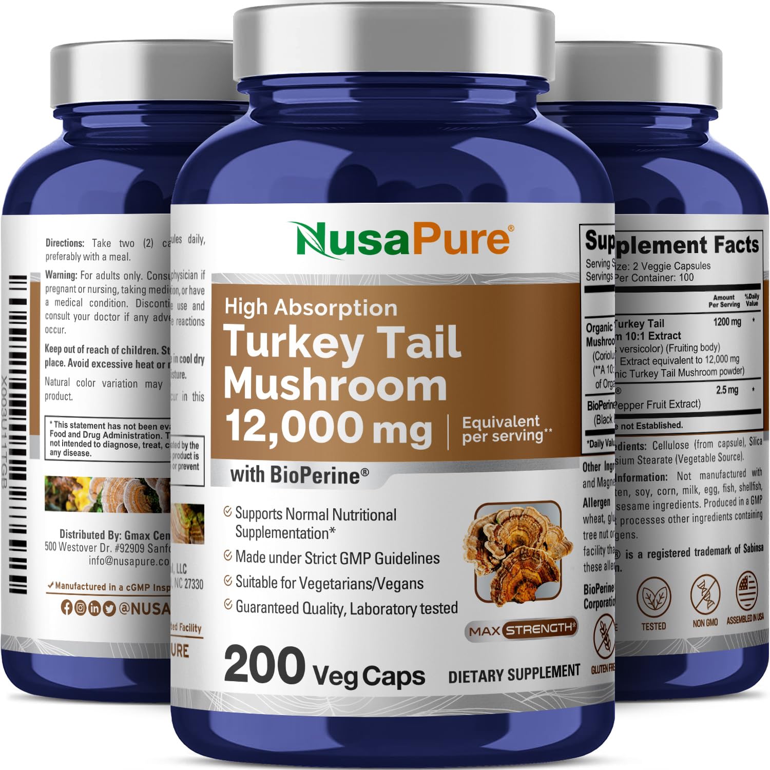 NusaPure Turkey Tail Mushroom Capsules, 10:1 Extract, 1200 mg Equivalent to 12,000mg, 200 Vcaps, Non-GMO, Gluten Free, Bioperine NusaPureAu supplements