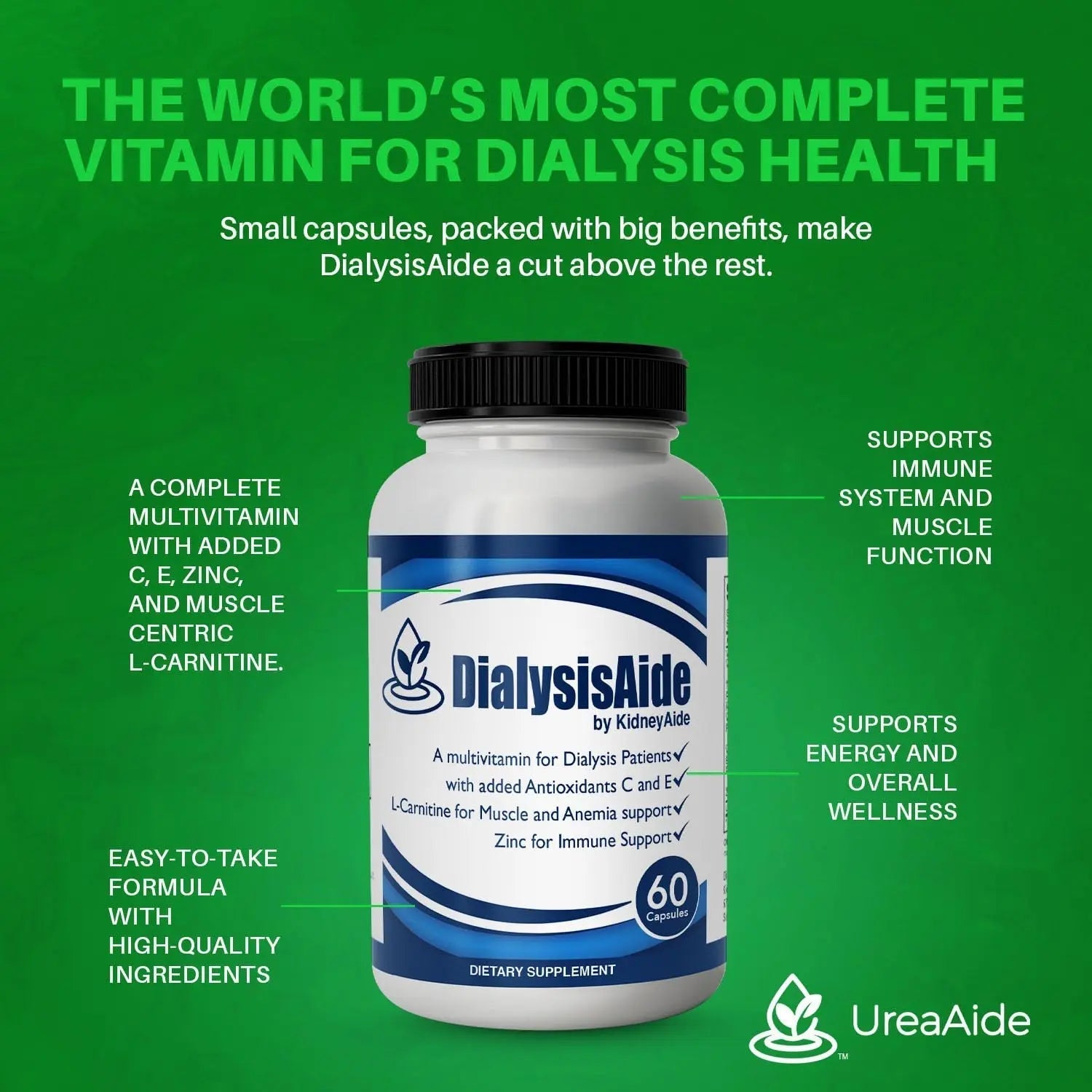 Renal Replacement Therapy Complete Multi Vitamin - 60 Capsules, 30 Day Supply, B-Complex, Antioxidant Vitamin C& E, L-Carnitine & Zinc Immune, Skin, Red Cell KidneyAideAu supplements