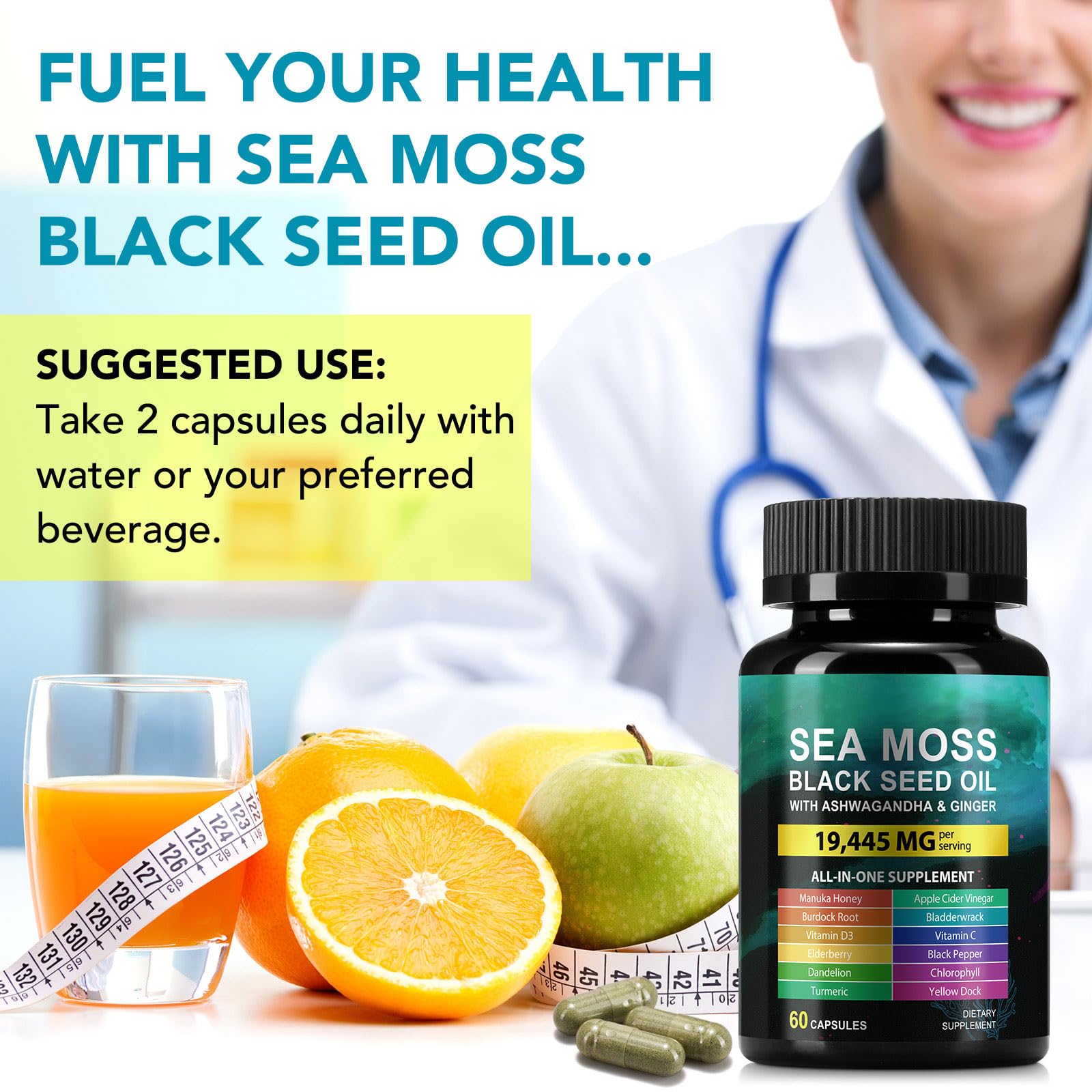 Sea Moss Black Seed Oil Ashwagandha Ginger Capsules, Seamoss Capsules Supplement with Bladderwrack Burdock & Vitamin C Vitamin D3 for Women & Men-Enhanced Immunity,60 Counts VceeoyAu supplements