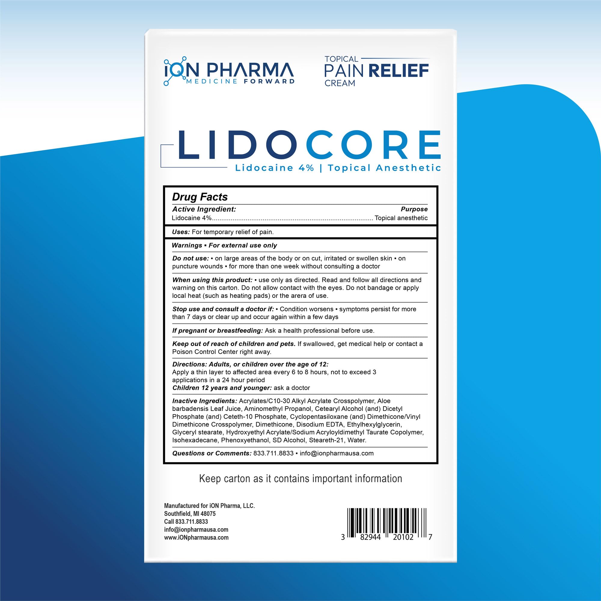 Lidocore Pain Relief Cream with 4% Lidocaine | Maximum Strength OTC | Safe & Compliant formula | Minor cuts, scrapes, insect bites, cold sores | Non-Greasy, Odor-free, Fragrance-Free | 2.7 oz (76.5 g) LidocoreAu supplements