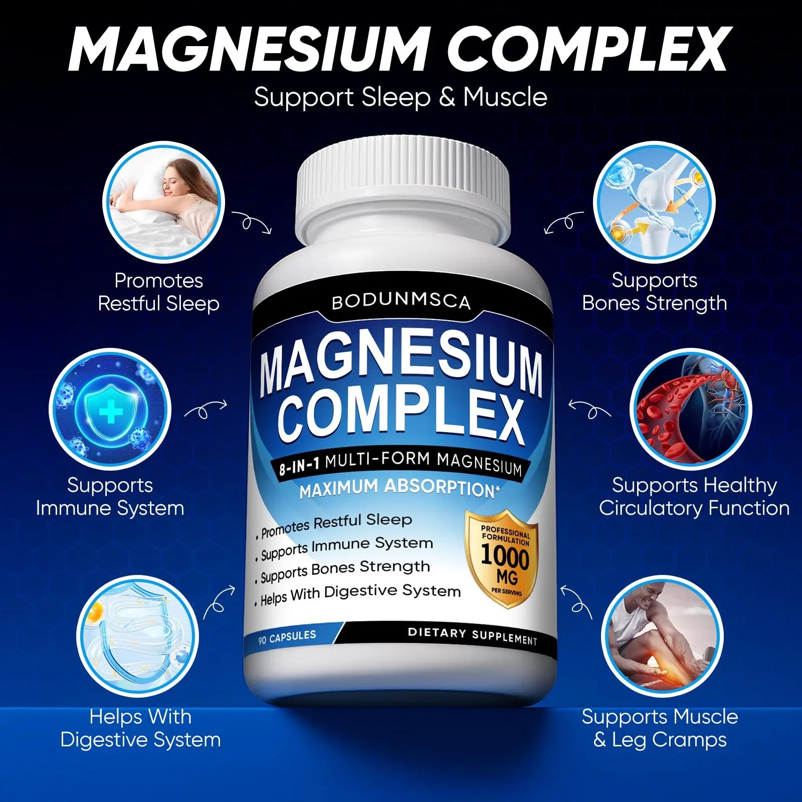 Magnesium Complex, 8 in 1, 1000mg-Glycinate, Citrate, Malate for Easy Absorption, Full Spectrum Magnesium Complex,Supports Relaxation, Sleep & Muscle Function, Magnesio Complex for Women, 180 Capsules BODUNMSCAnz supplements