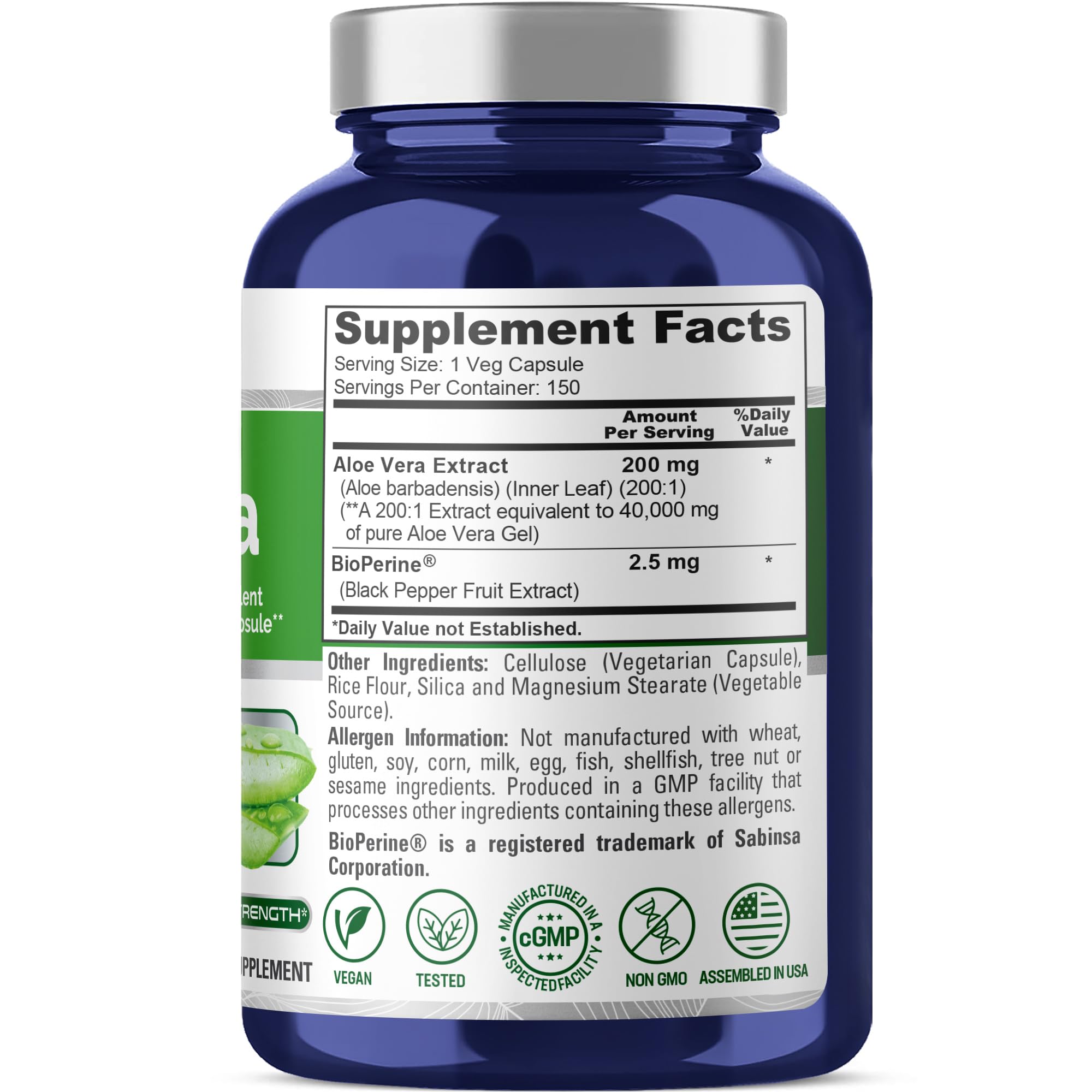 NusaPure Aloe Vera 40,000mg Per Veggie Caps - 150 Count - Aloe Vera Gel Supplement - Extract 200:1, Vegetarian, Non-GMO, Bioperine NusaPureAu supplements