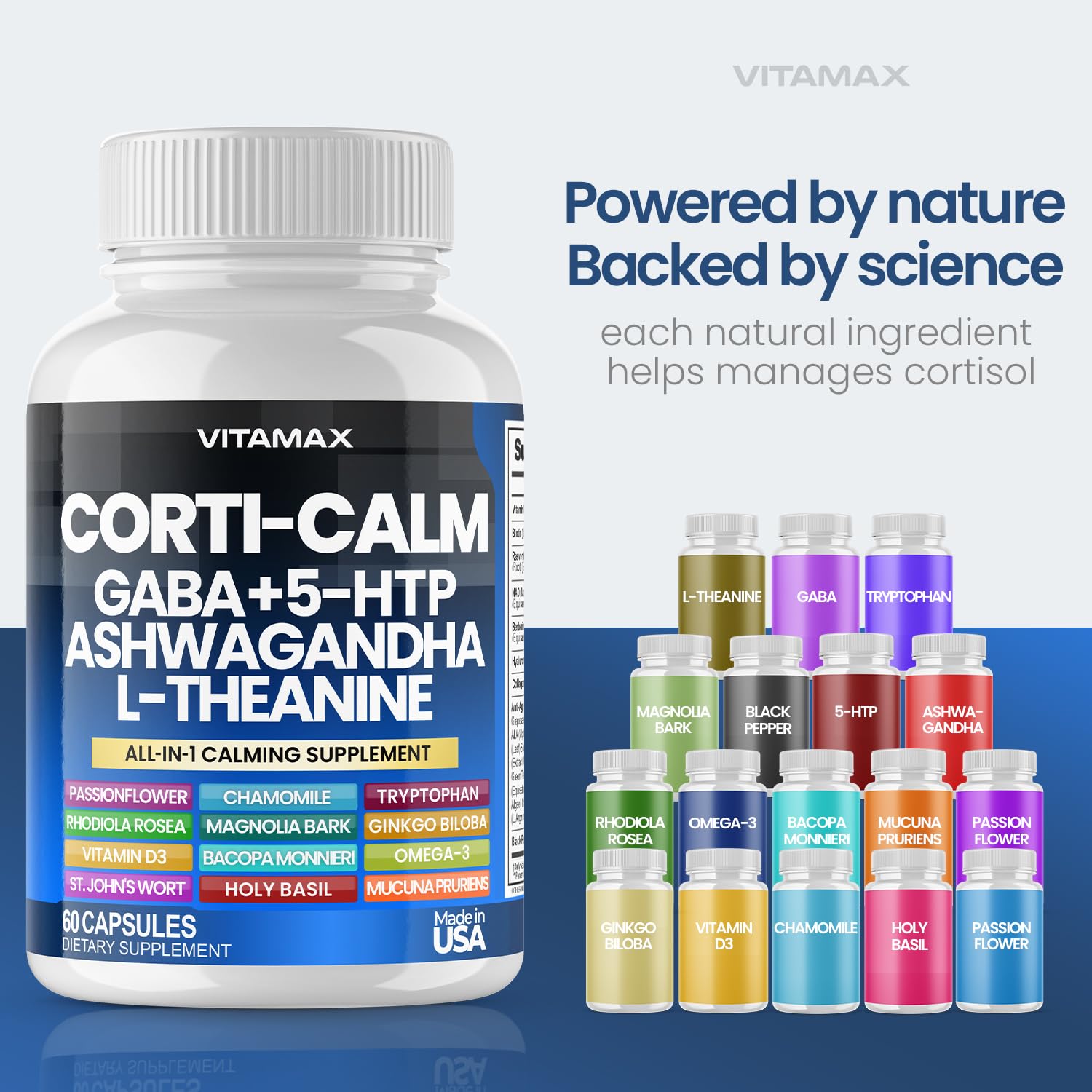 Corti-Calm Cortisol Supplement, L Theanine, Ashwagandha, Vitamin D 3, GABA for Relaxation, Fatigue & Focus with Ginkgo Biloba, Bacopa Monnieri, 5-HTP – Non-GMO, Made in USA – 60ct VitamaxAu supplements