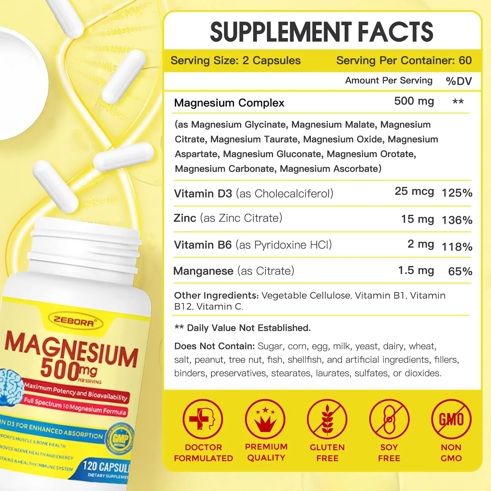 10-in-1 Magnesium Complex Supplement, Magnesium Glycinate 500mg with Citrate & Malate, Chelated High Absorption Plus Vitamin D3 & Zinc - for Nerve, Muscle & Bone Support - 120 Capsules ZEBORAnz supplements