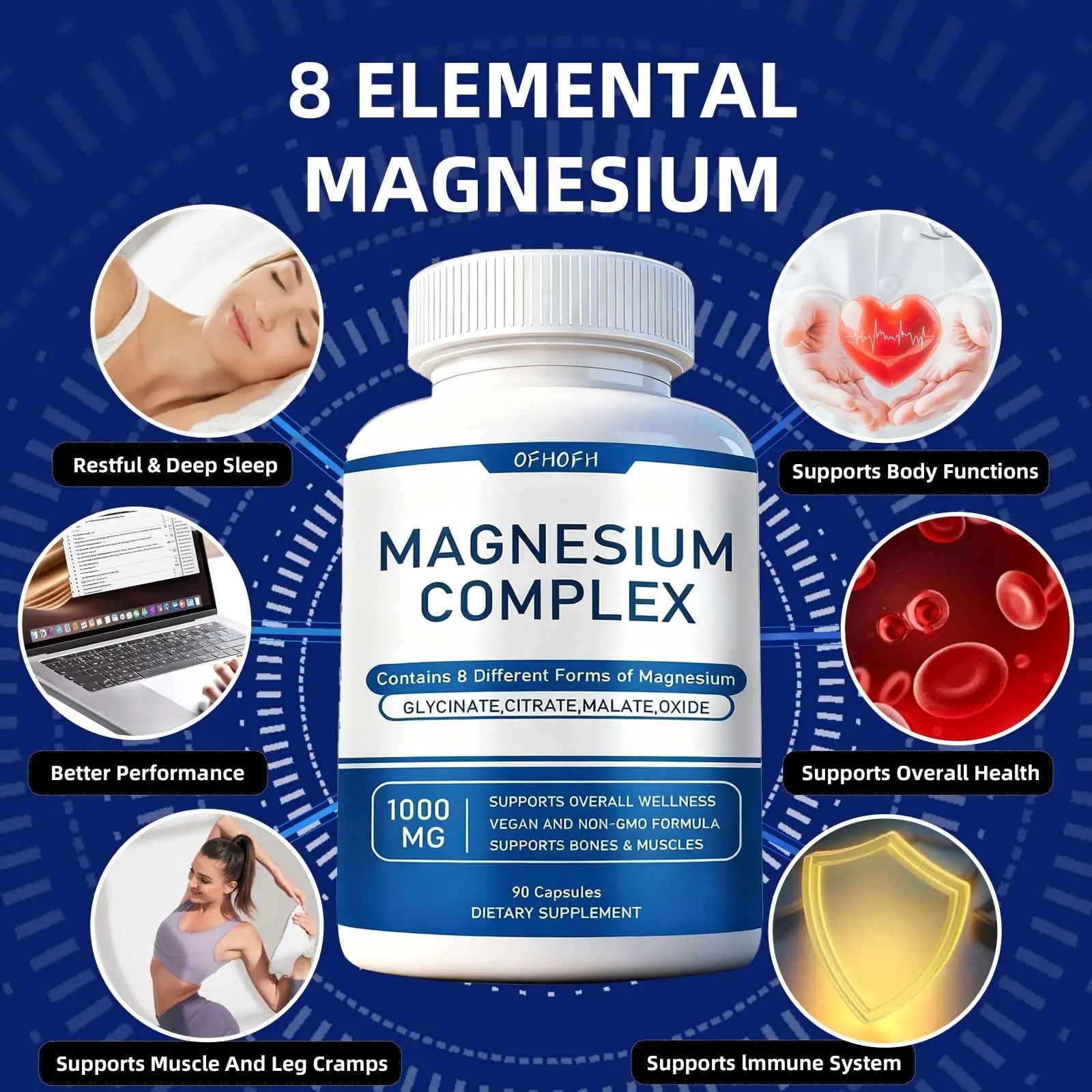 Magnesium Complex Supplement 8 Elemental - Magnesium Glycinate, Citrate, Malate, Oxide | Easy Absorption for Bones, Muscle, Energy, Vegan, Non-GMO 90 Capsules (1pc) OFHOFHnz supplements